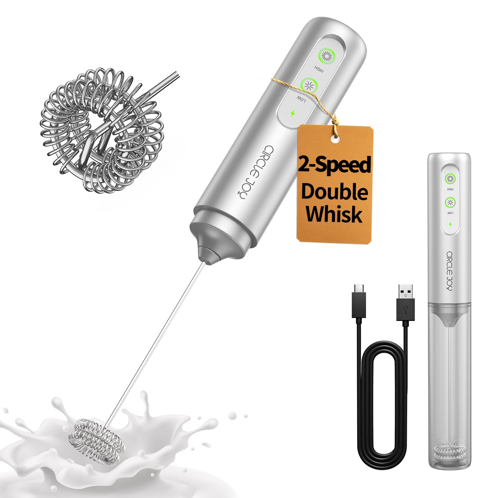 CIRCLE JOY Rechargeable Milk Frother Hanheld, Dual Coil Whisk Head Electric Coffee Frother, Portable Hand Frother Wand Drink Mixer for Matcha Lattes Cappuccino, Kitchen Gifts, Black