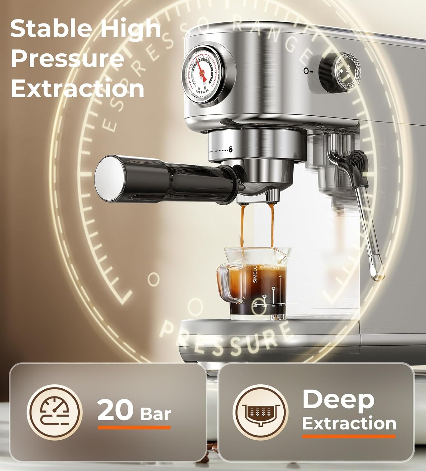 Espresso Machine with Milk Frother, 20 Bar Pressure Espresso Maker, with 44OZ Removable Tank, Compact Stainless Steel Coffee Machine for Home, Office, Latte, Cappuccino, Gift for Women or Men