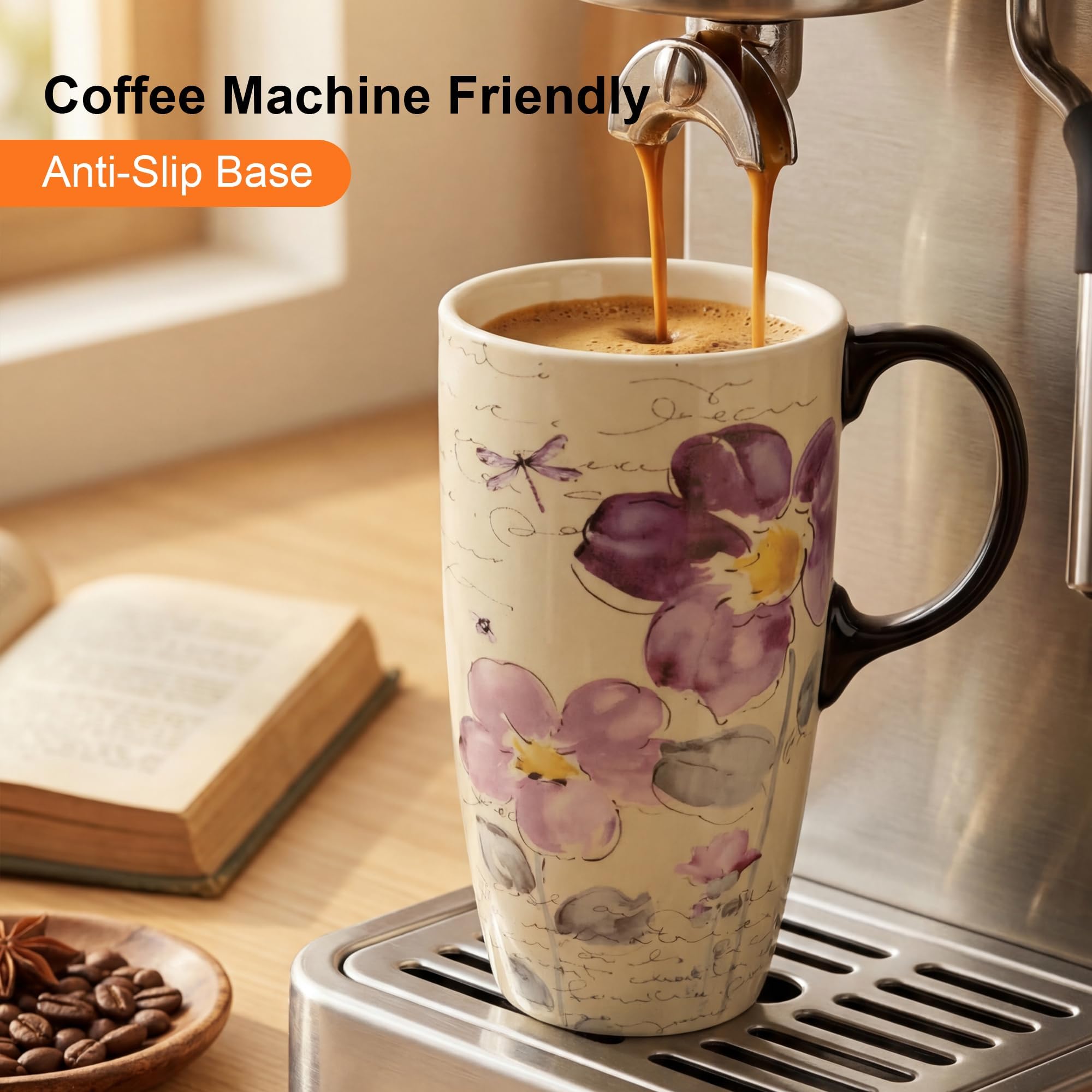 Topadorn 17oz Ceramic Travel Mug with Lid, Tall Ceramic Coffee Mug with Handle, Purple Floral Coffee Cup with Gift Box