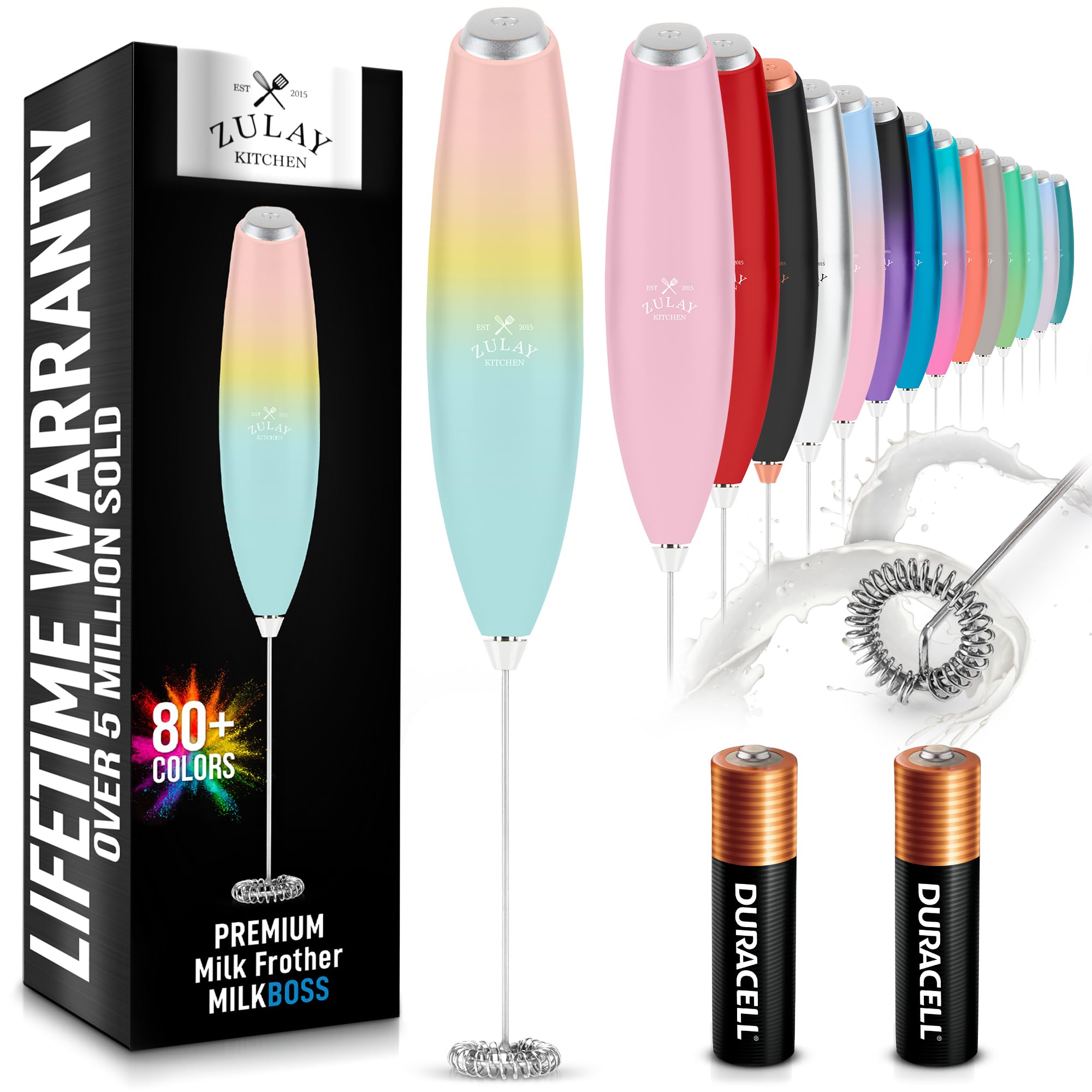 Zulay Kitchen Powerful Milk Frother AA Batteries Included – Ultra Fast Handheld Drink Mixer with Stainless Steel Whisk Stirrer for Coffee, Protein, Matcha & More, Frother Wand Electric Frothmate Black