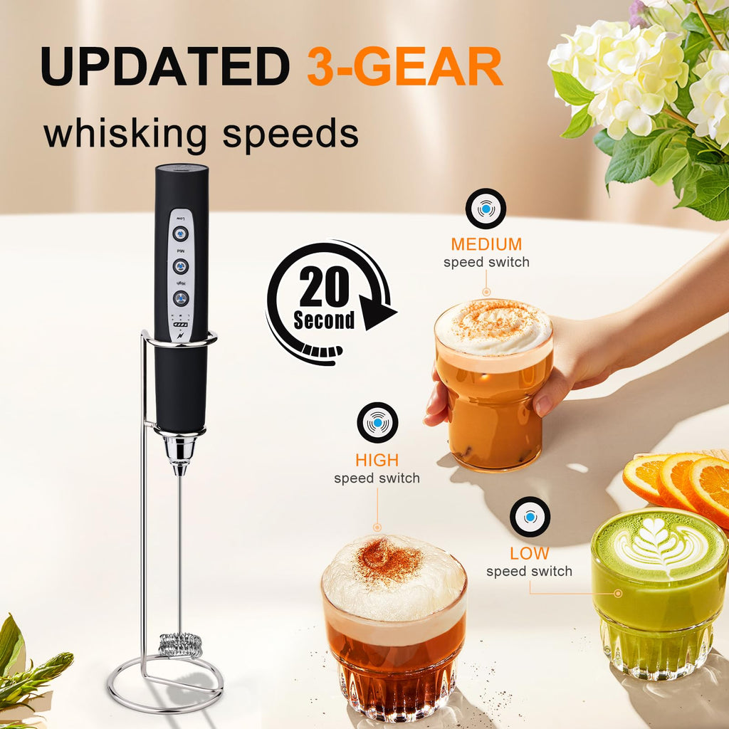 YUSWKO Black Handheld Milk Frother Wand for Coffee, Rechargeable Electric Whisk with 3 Heads 3 Speeds Drink Mixer Coffee Frother For Latte, Cappuccino, Hot Chocolate, Egg