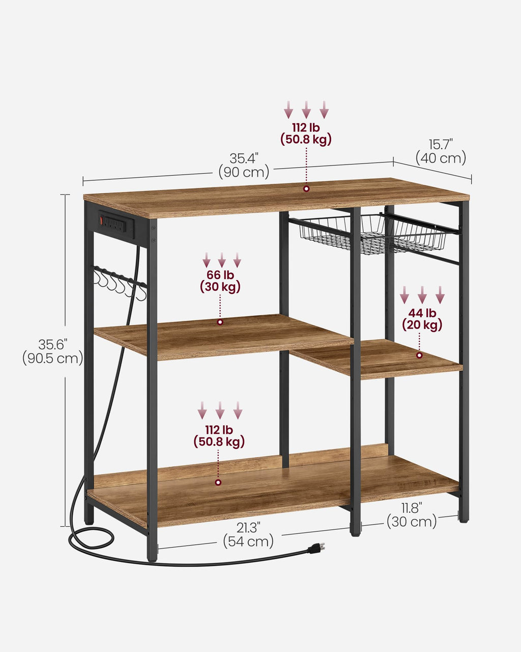 VASAGLE Baker's Rack, Coffee Bar Stand with Charging Station, 35.6 Inches Tall, Storage Shelves, Pull-Out Wire Basket, Table for Microwave, Kitchen, Rustic Brown and Ink Black UKKS036K01