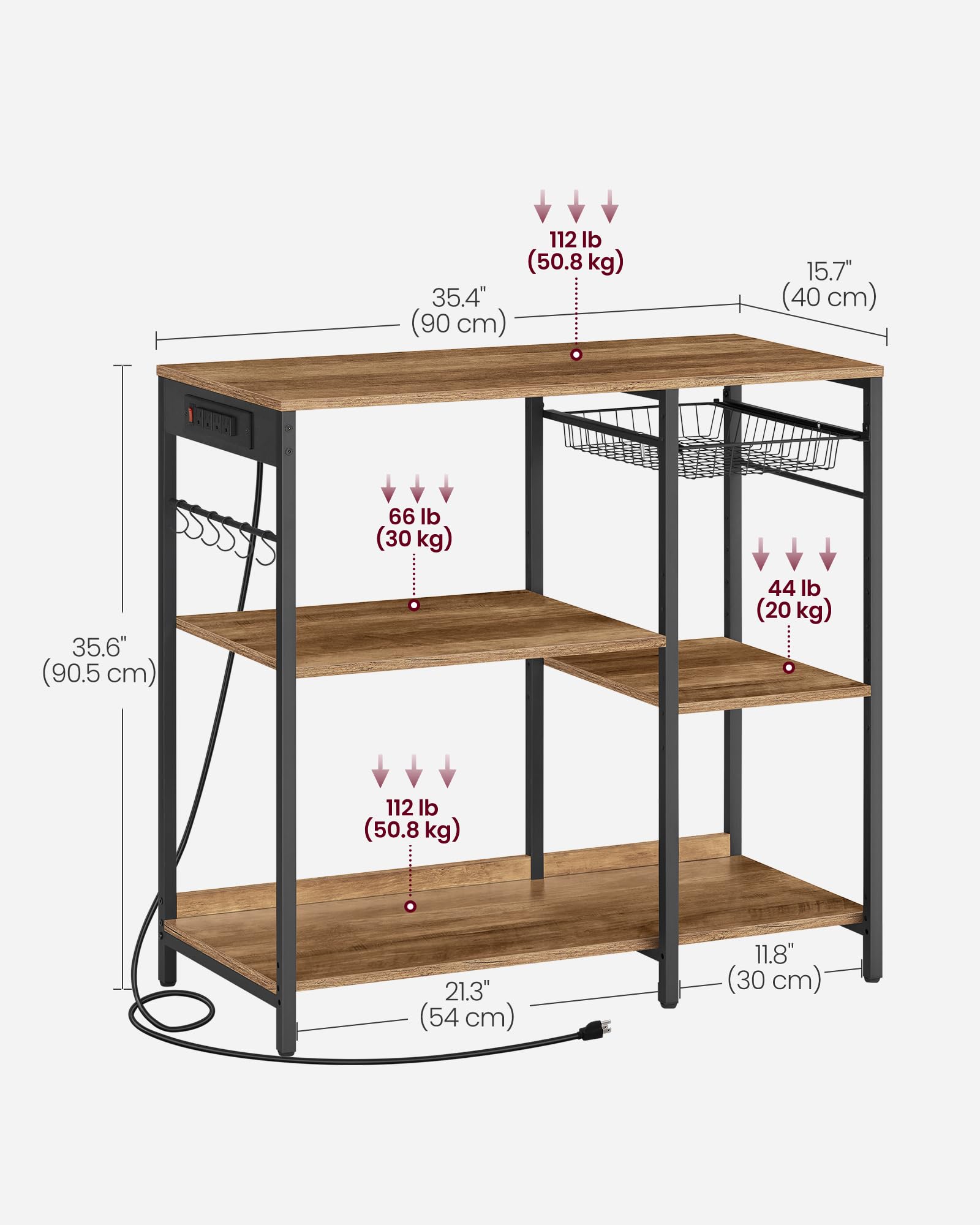 VASAGLE Baker's Rack, Coffee Bar Stand with Charging Station, 35.6 Inches Tall, Storage Shelves, Pull-Out Wire Basket, Table for Microwave, Kitchen, Rustic Brown and Ink Black UKKS036K01