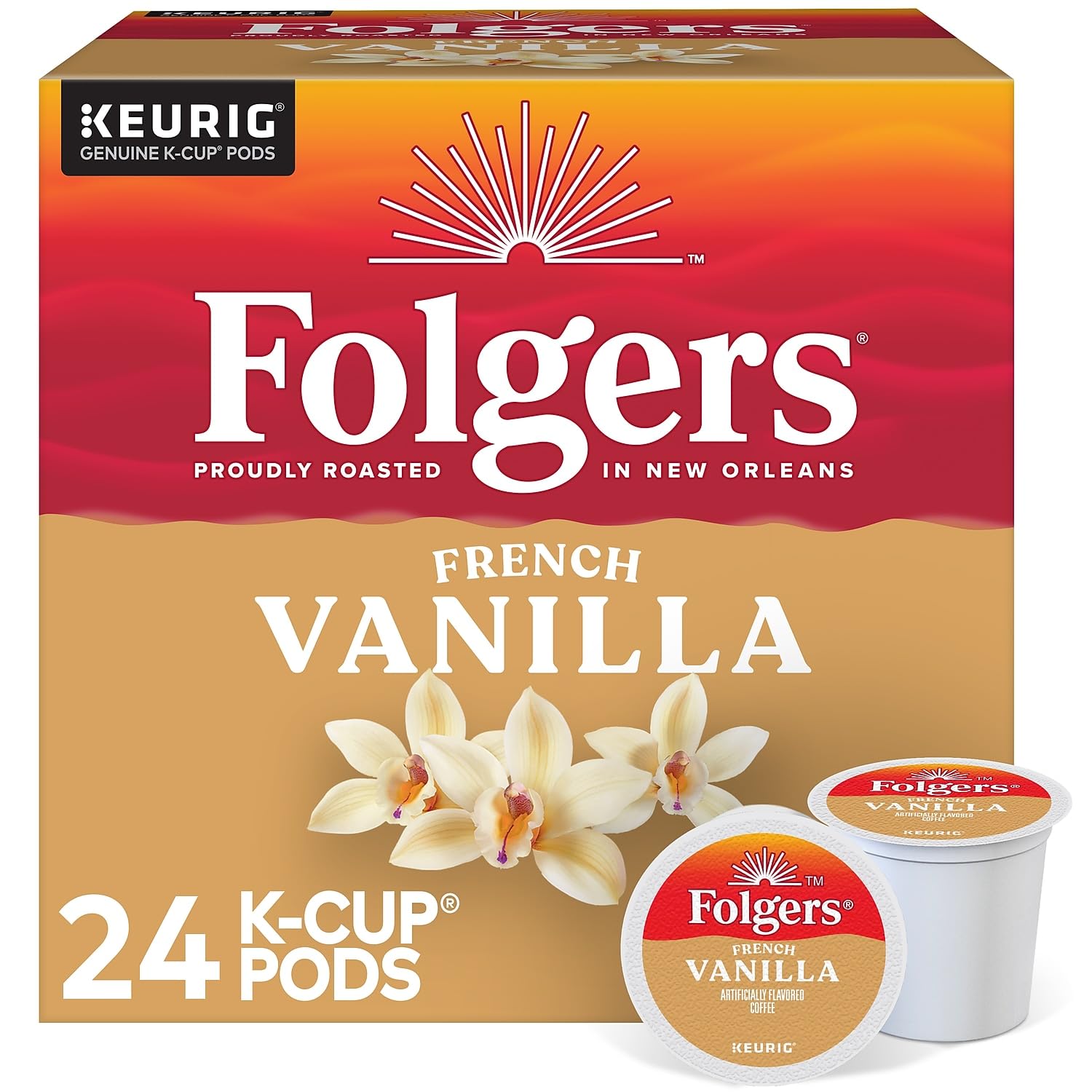 Folgers French Vanilla Artificially Flavored Coffee, Keurig K-Cup pods, 10 Count Box (Pack of 6)