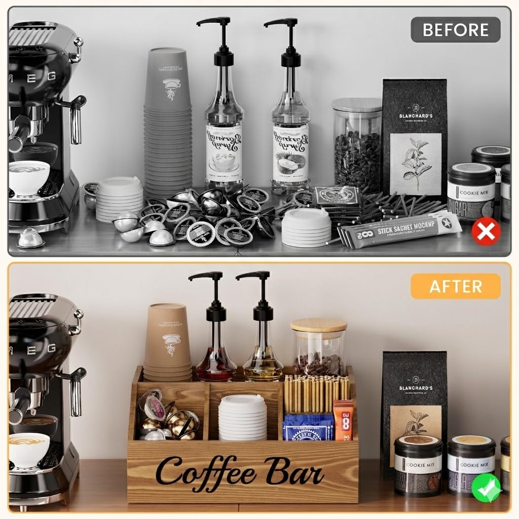Coffee Station Organizer for Countertop – Wooden Coffee Bar Organizer with Adjustable Dividers,Holds K Cup Pod & syrup bottles, for Kitchen, Office, or Bar and Tea Station, Black
