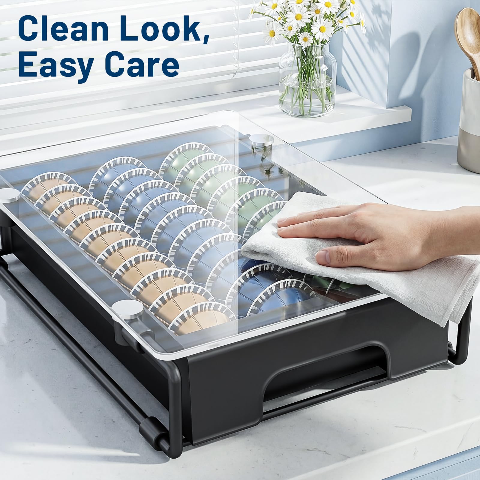 EVERIE Nespresso Vertuo Pod Holder Drawer, Coffee Pod Organizer with Universal Slots, Holds 40 Large or 52 Small Capsules, Tempered Glass Top Storage Drawer for Coffee Makers, 12" x 16.5" x 3.5"