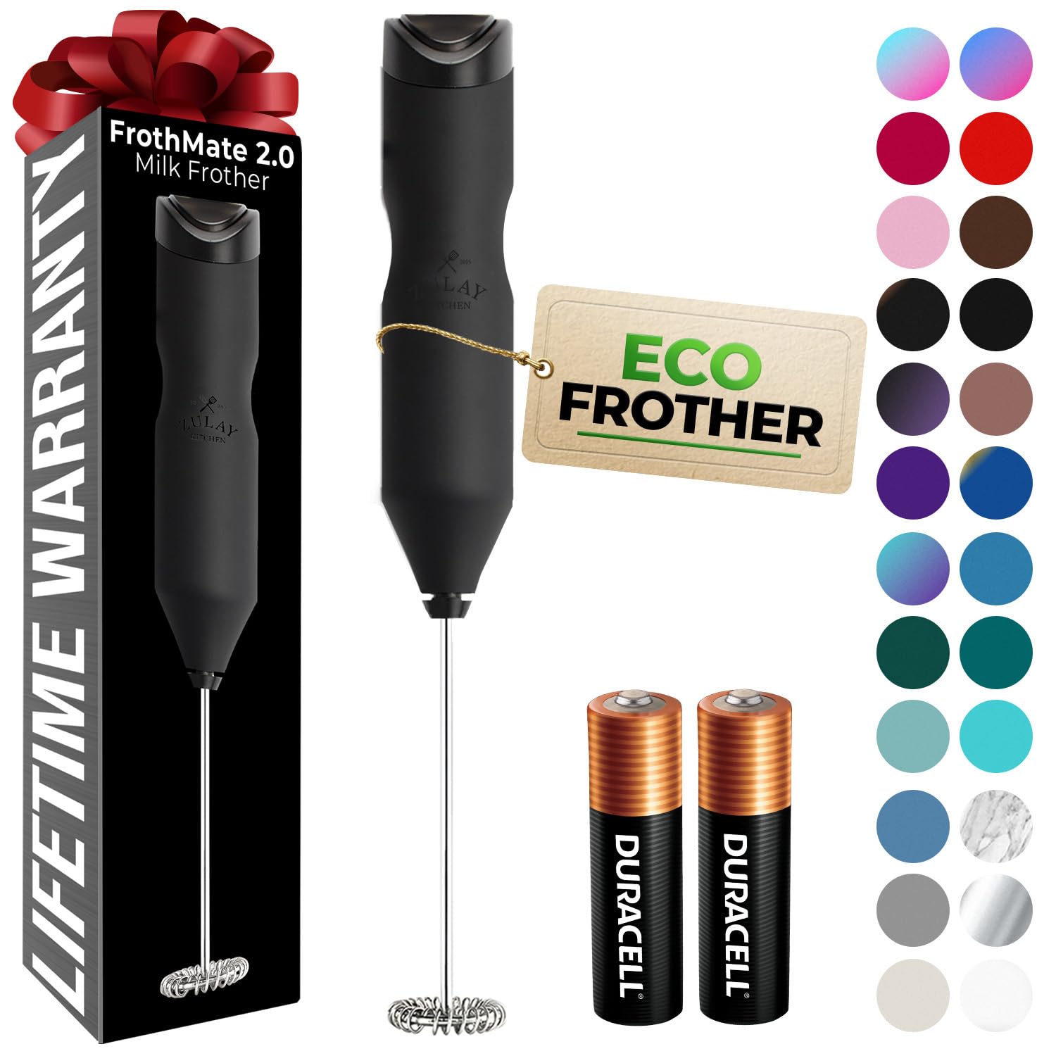 Zulay Kitchen Powerful Milk Frother AA Batteries Included – Ultra Fast Handheld Drink Mixer with Stainless Steel Whisk Stirrer for Coffee, Protein, Matcha & More, Frother Wand Electric Frothmate Black