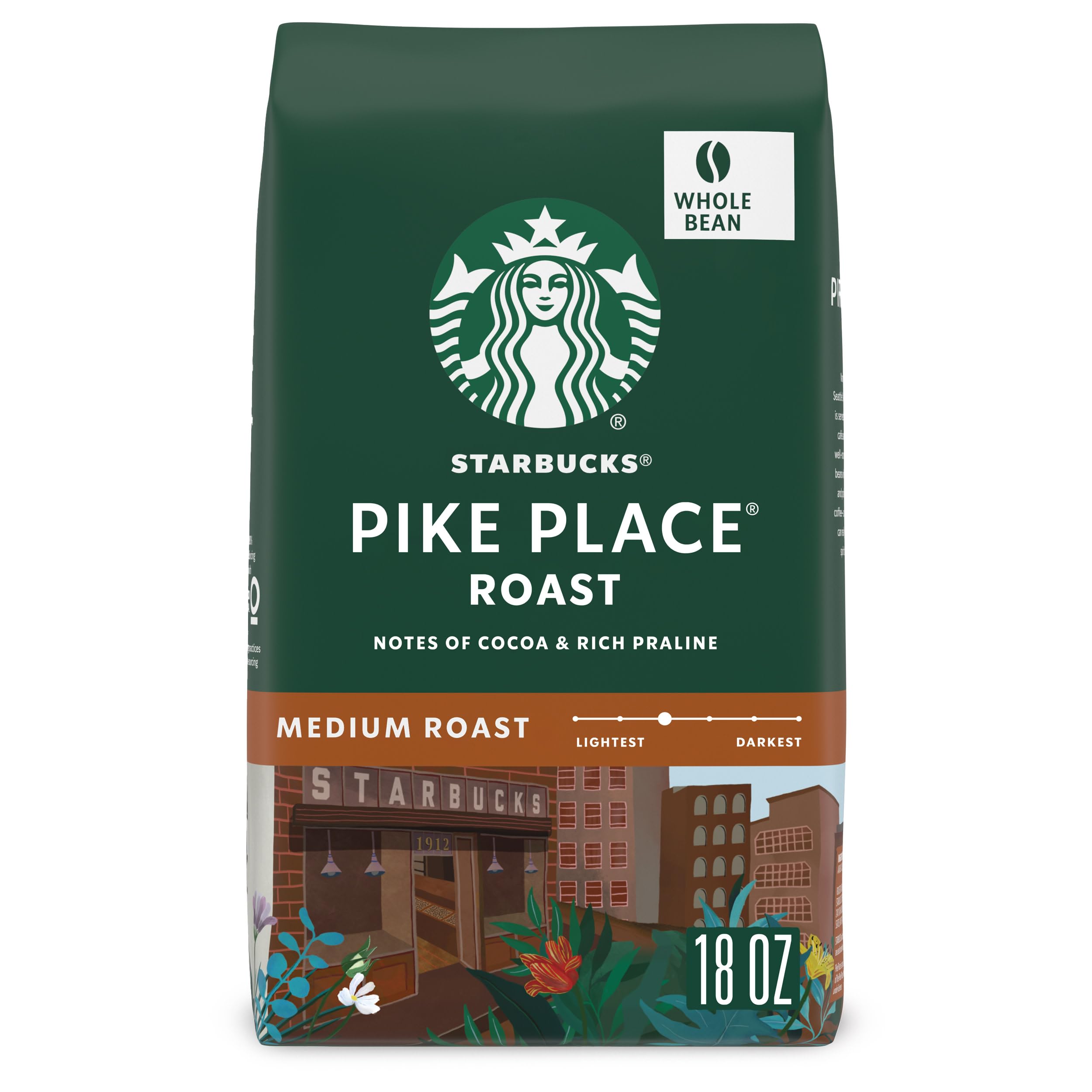 Starbucks Whole Coffee Beans, Medium Roast Hot or Iced Coffee, Pike Place Roast, 28 oz