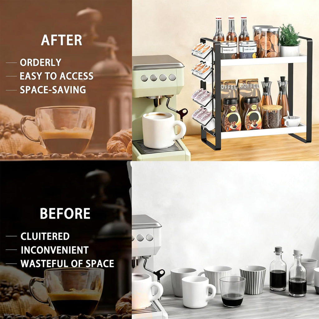 LEMIKKLE Coffee Station Organizer with Pod Holder and Drawer, Kitchen Countertop Organizer, Coffee Bar Accessories Station with Coffee Pod Storage, 2-Tier Wood Coffee Organizer With 6 Hooks