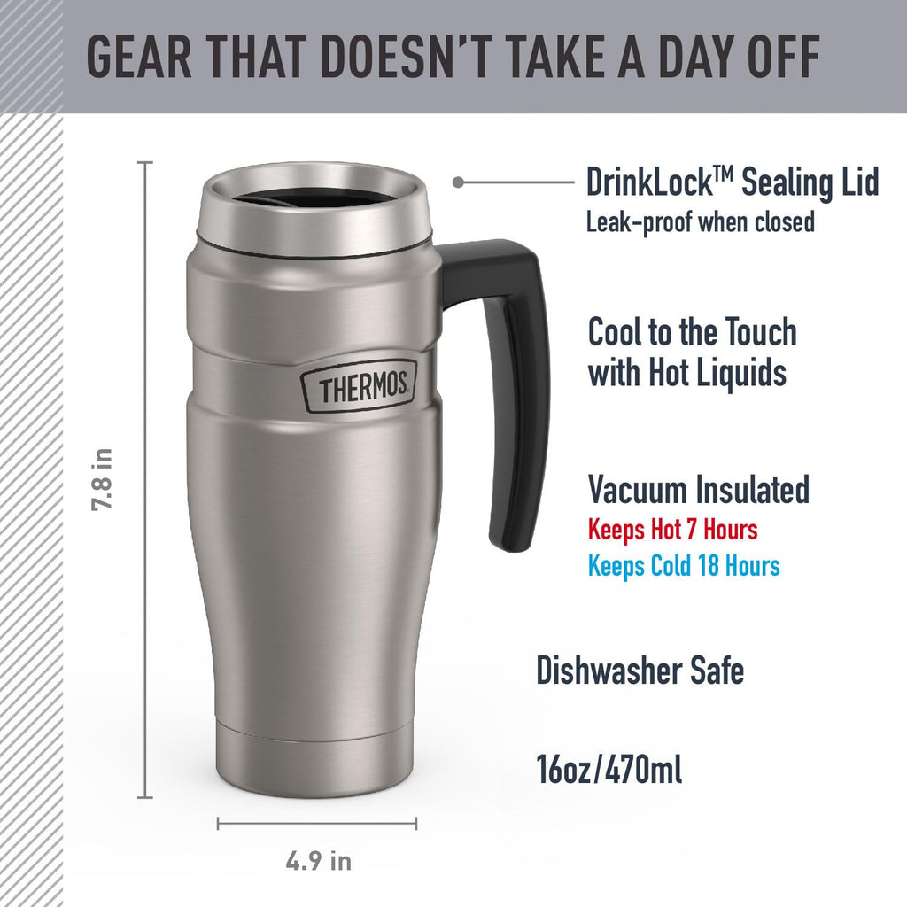THERMOS Stainless King Vacuum-Insulated Travel Mug with Handle - 16oz, Midnight Blue - Thermos Tumbler for Hot & Cold Drinks - Leak & Sweat-Proof Stainless Steel Coffee Mug with Lid for Commuting