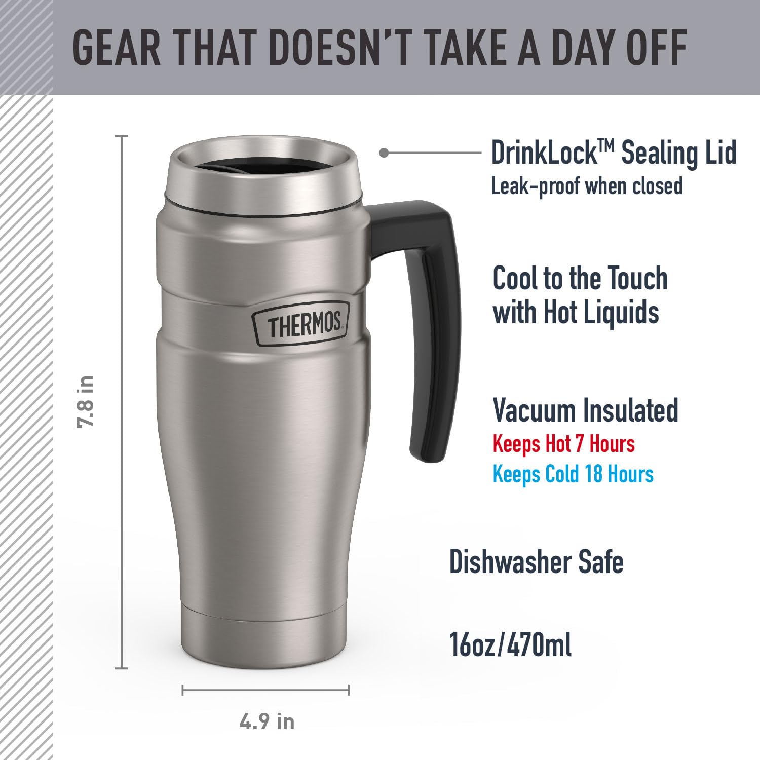 THERMOS Stainless King Vacuum-Insulated Travel Mug with Handle - 16oz, Midnight Blue - Thermos Tumbler for Hot & Cold Drinks - Leak & Sweat-Proof Stainless Steel Coffee Mug with Lid for Commuting
