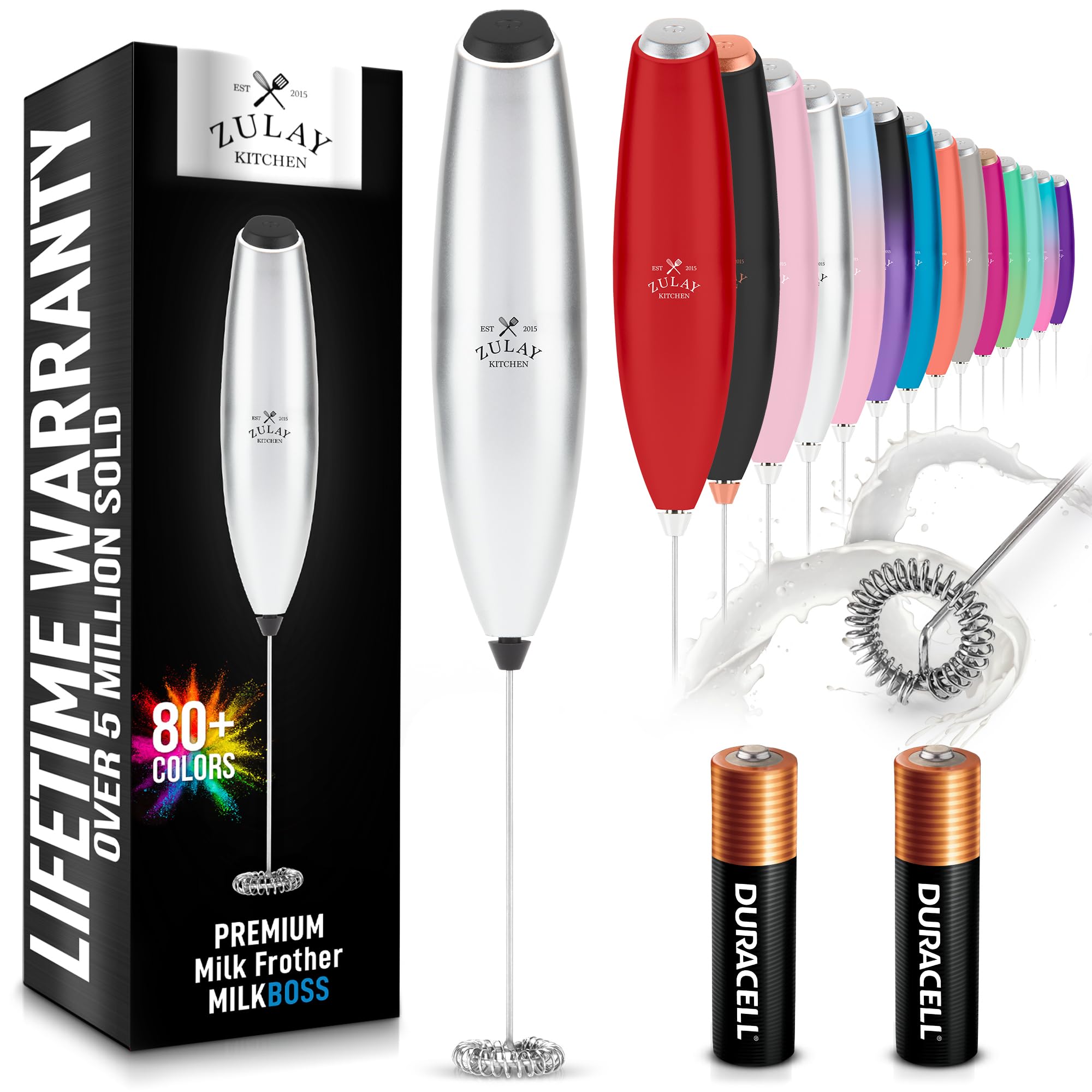 Zulay Kitchen Powerful Milk Frother AA Batteries Included – Ultra Fast Handheld Drink Mixer with Stainless Steel Whisk Stirrer for Coffee, Protein, Matcha & More, Frother Wand Electric Frothmate Black