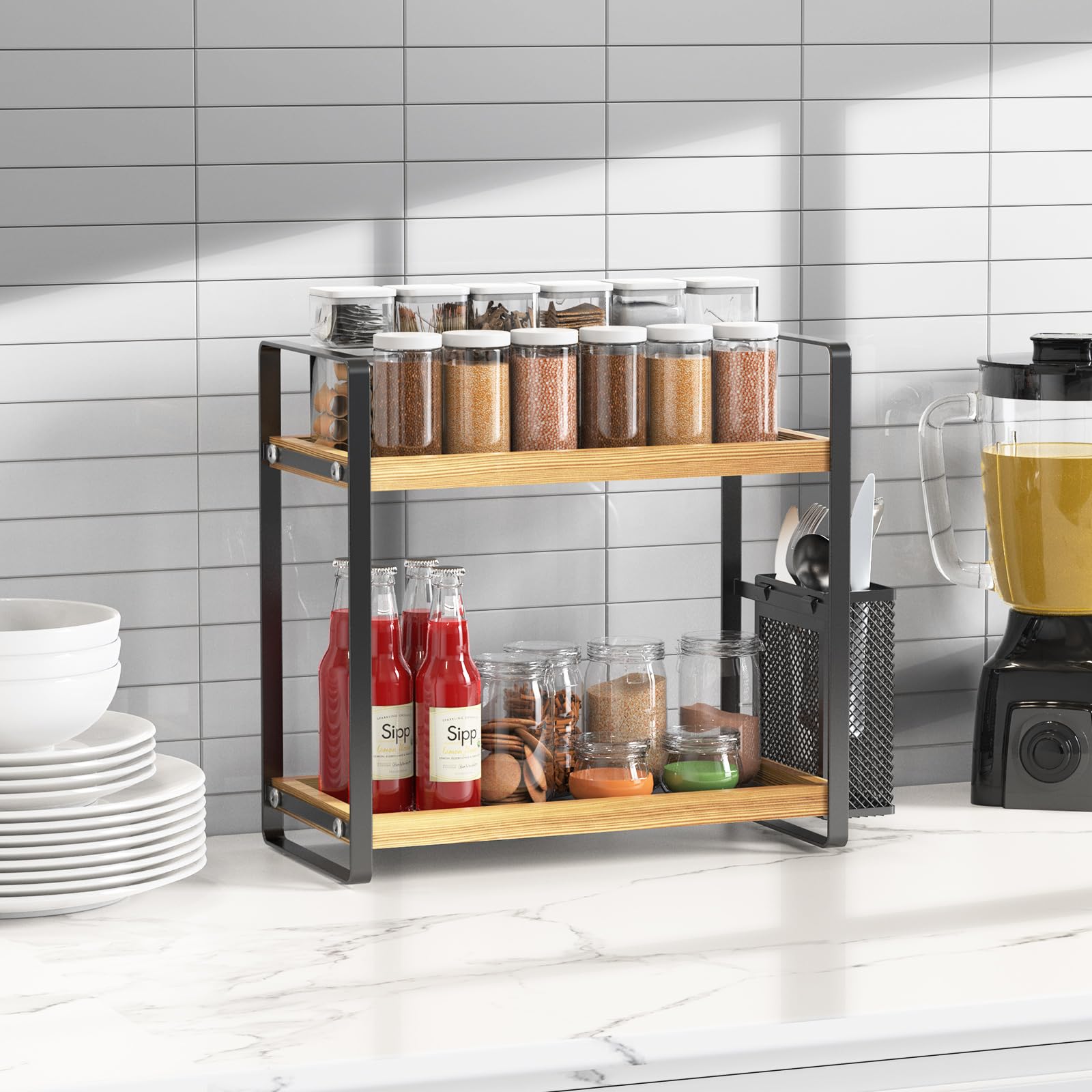 LEMIKKLE Coffee Station Organizer with Pod Holder and Drawer, Kitchen Countertop Organizer, Coffee Bar Accessories Station with Coffee Pod Storage, 2-Tier Wood Coffee Organizer With 6 Hooks