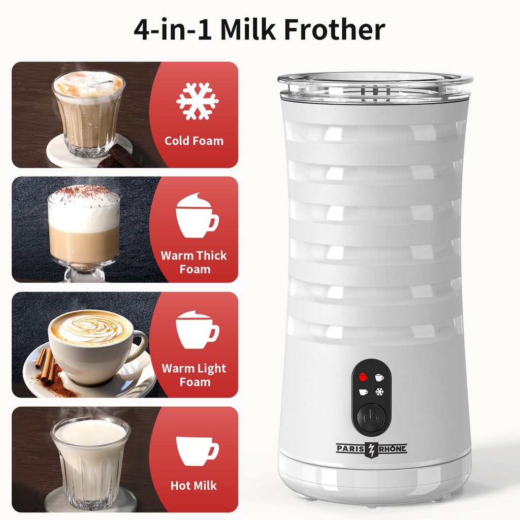 Electric Milk Frother, Paris Rhône 4-in-1 Milk Steamer and Frother, Hot & Cold Foam Milk Warmer with Temperature Control, Auto Shut-Off Frothers for Coffee, Latte,Macchiato, Cappuccino