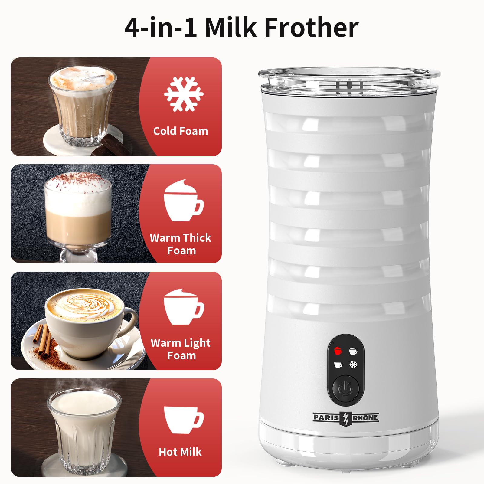 Electric Milk Frother, Paris Rhône 4-in-1 Milk Steamer and Frother, Hot & Cold Foam Milk Warmer with Temperature Control, Auto Shut-Off Frothers for Coffee, Latte,Macchiato, Cappuccino