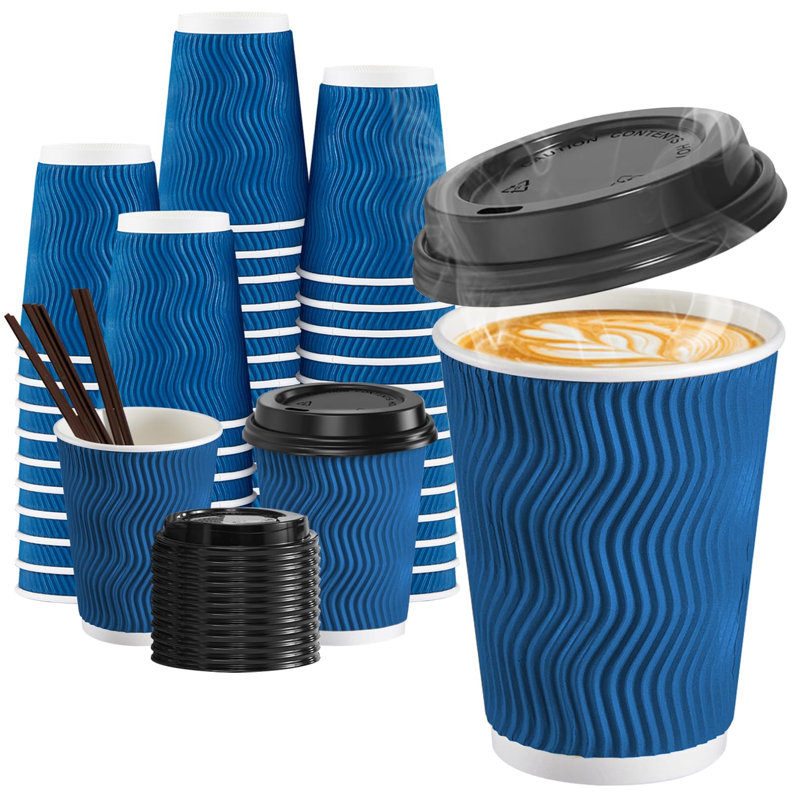 SIUQ 12 oz Coffee Cups-90 Pack Disposable Coffee Cups with Lids and Straws, Insulated Ripple Wall To Go Paper Coffee Cup for Coffee, Hot Chocolate and Hot Tea Drinks - Champagne