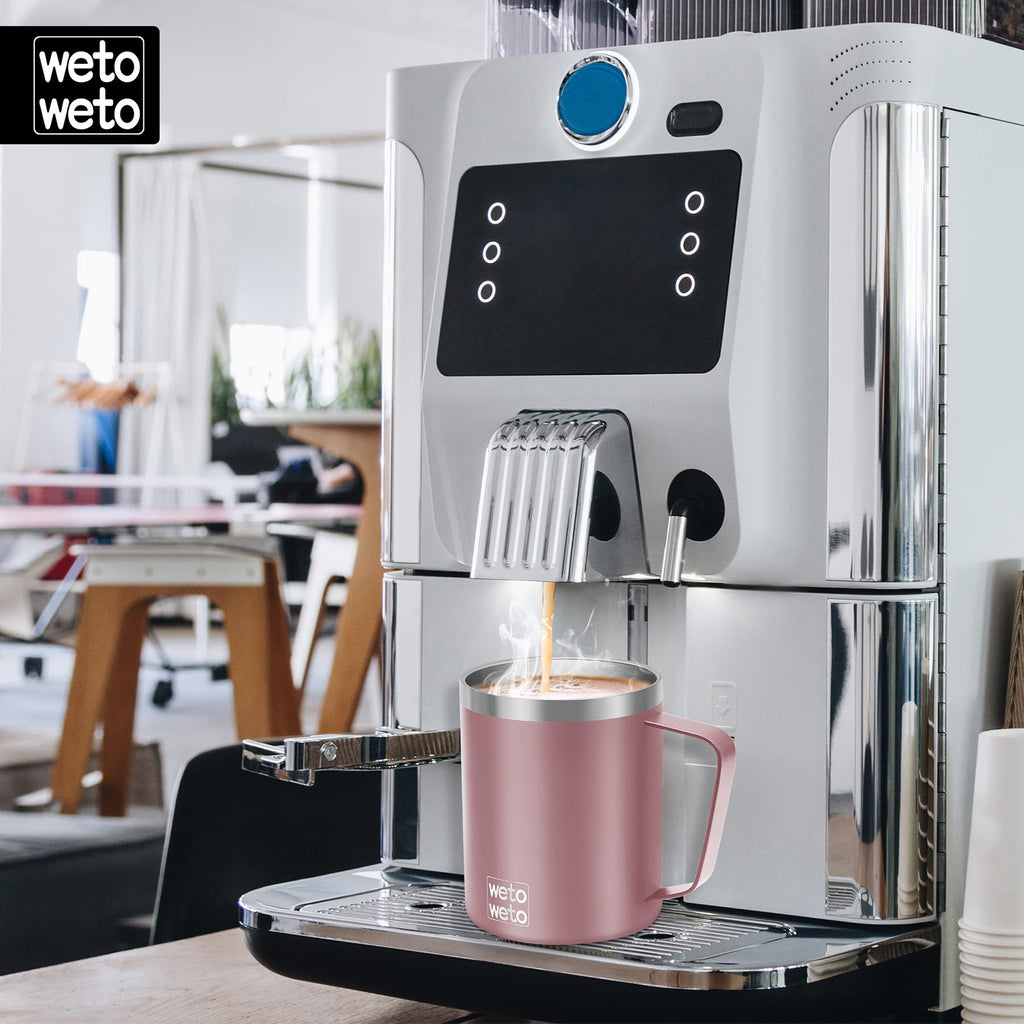 WETOWETO Coffee Mug with Handle, 14oz Insulated Stainless Steel Coffee Travel Mug, Double Wall Vacuum Reusable Coffee Cup with Lid, Powder Coated Rose Gold