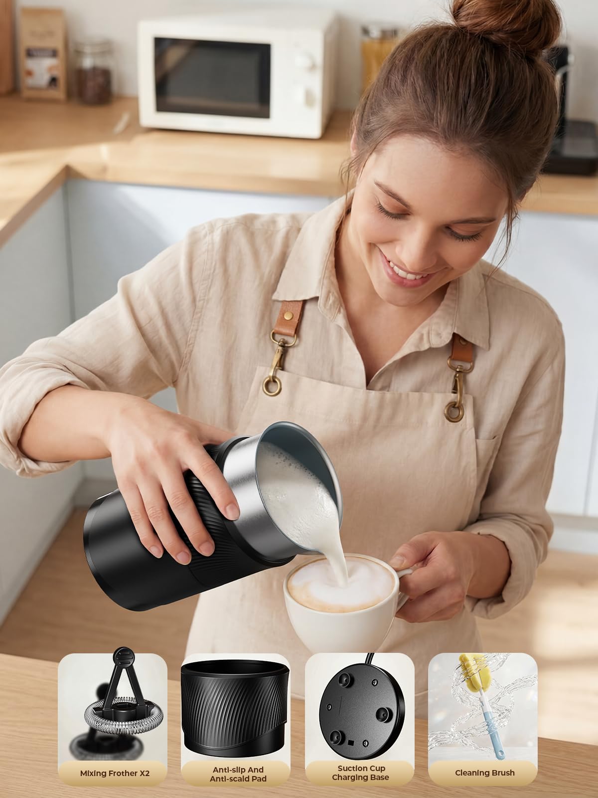 Large Capacity Milk Frother: 4-in-1 Electric Milk Steamer 350ml, 7700RPM High Speed, 120s Fast Frothing, 𝐇𝐨𝐭 & 𝐂𝐨𝐥𝐝 Foam Maker, Helpful Stainless Steel for Latte - Grayish Black