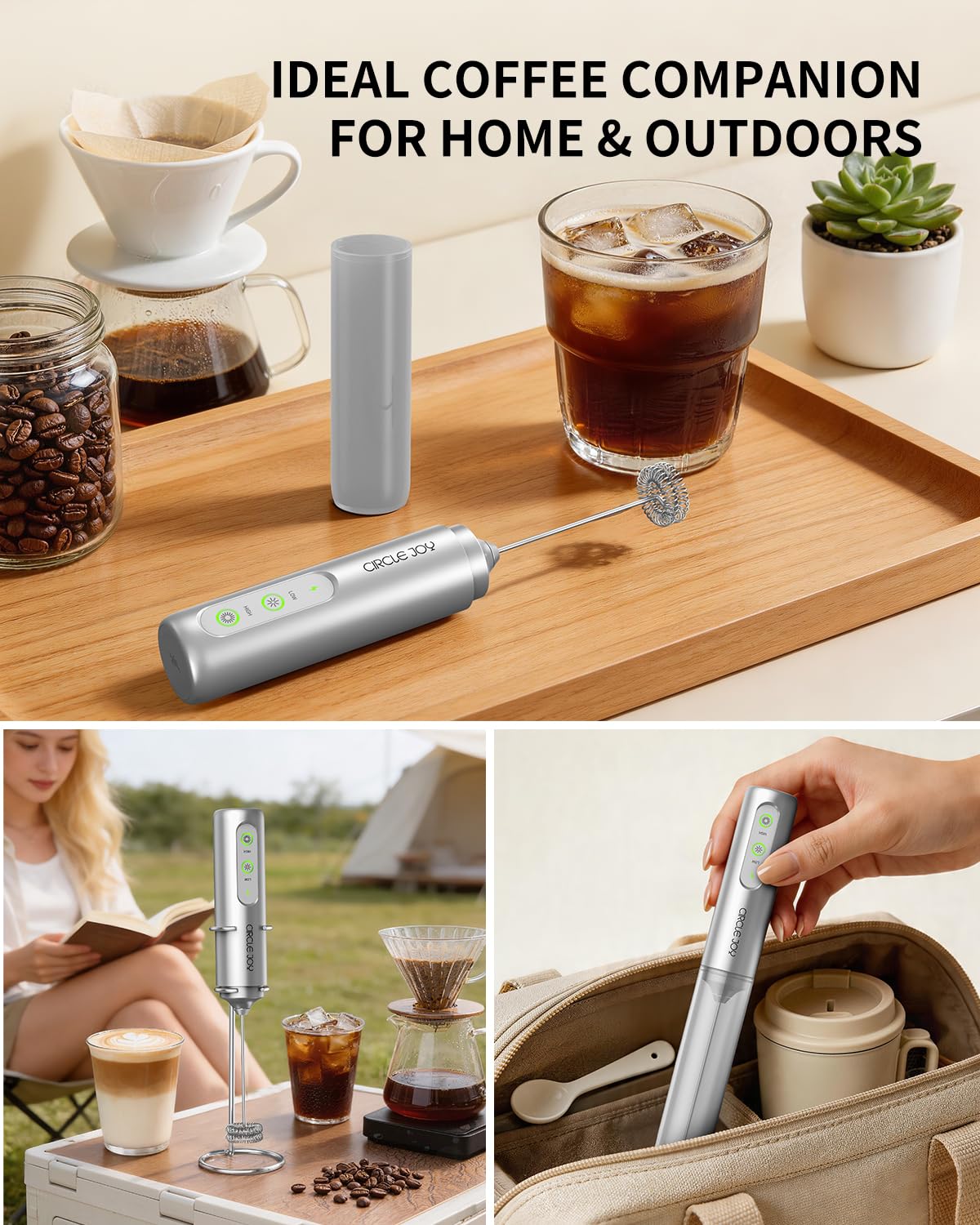 CIRCLE JOY Rechargeable Milk Frother Hanheld, Dual Coil Whisk Head Electric Coffee Frother, Portable Hand Frother Wand Drink Mixer for Matcha Lattes Cappuccino, Kitchen Gifts, Black