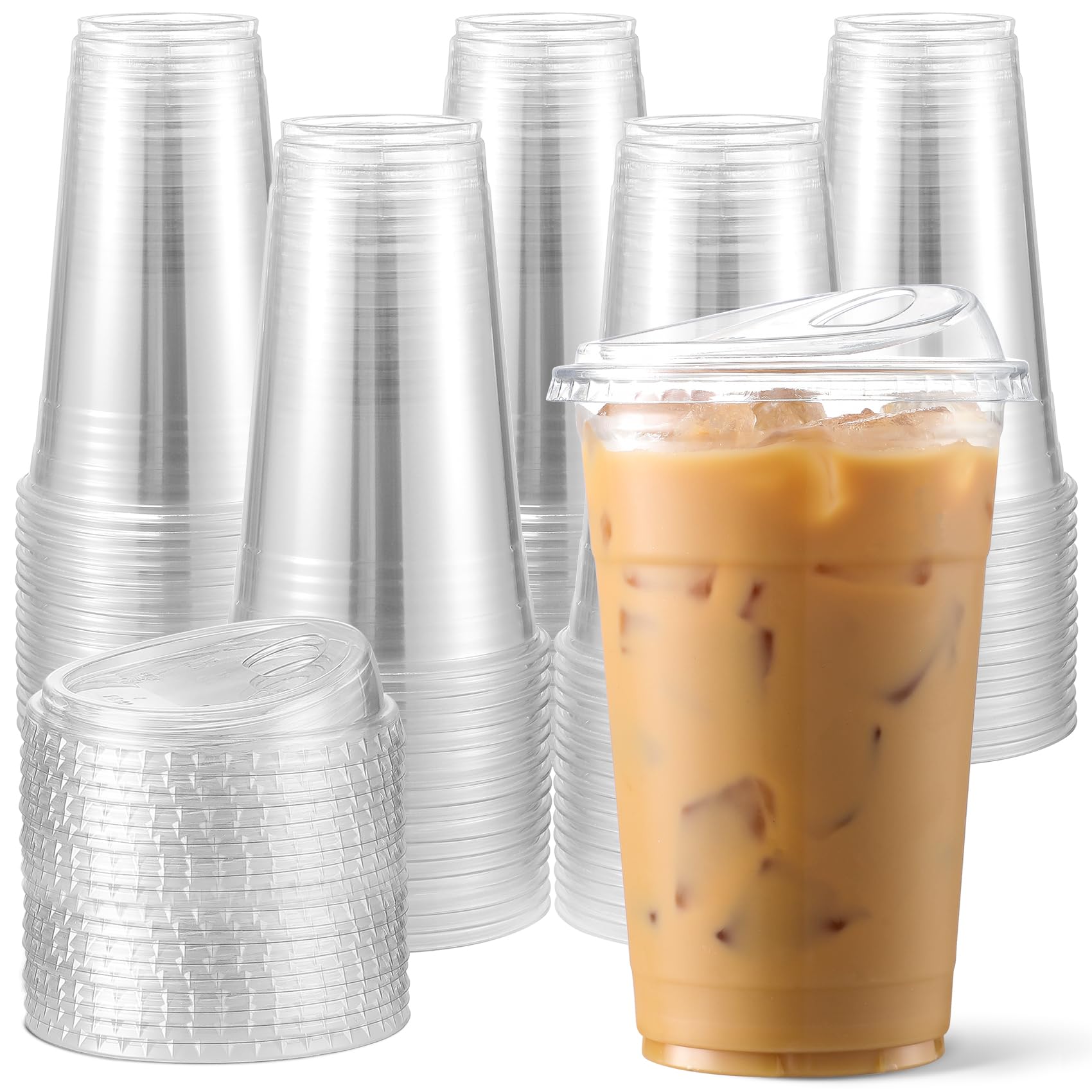 AOZITA 100 Pack - Clear 16 Oz Plastic Cups With Lids, Disposable Iced Coffee Cups With Lids for Party Drinks, Bubble Tea and Cold Beverage, BPA Free & Food Safe
