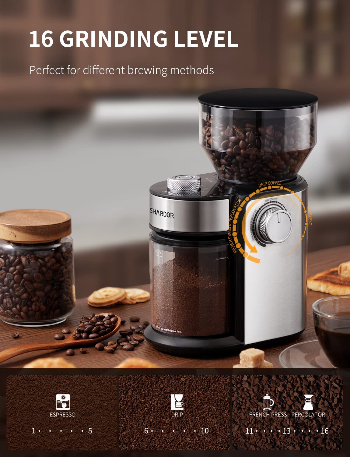 SHARDOR Electric Burr Coffee Grinder 2.0, Automatic Coffee Bean Grinder for Home Use, Adjustable Burr Mill with 16 Precise Settings for Espresso & French Press, Glossy Black