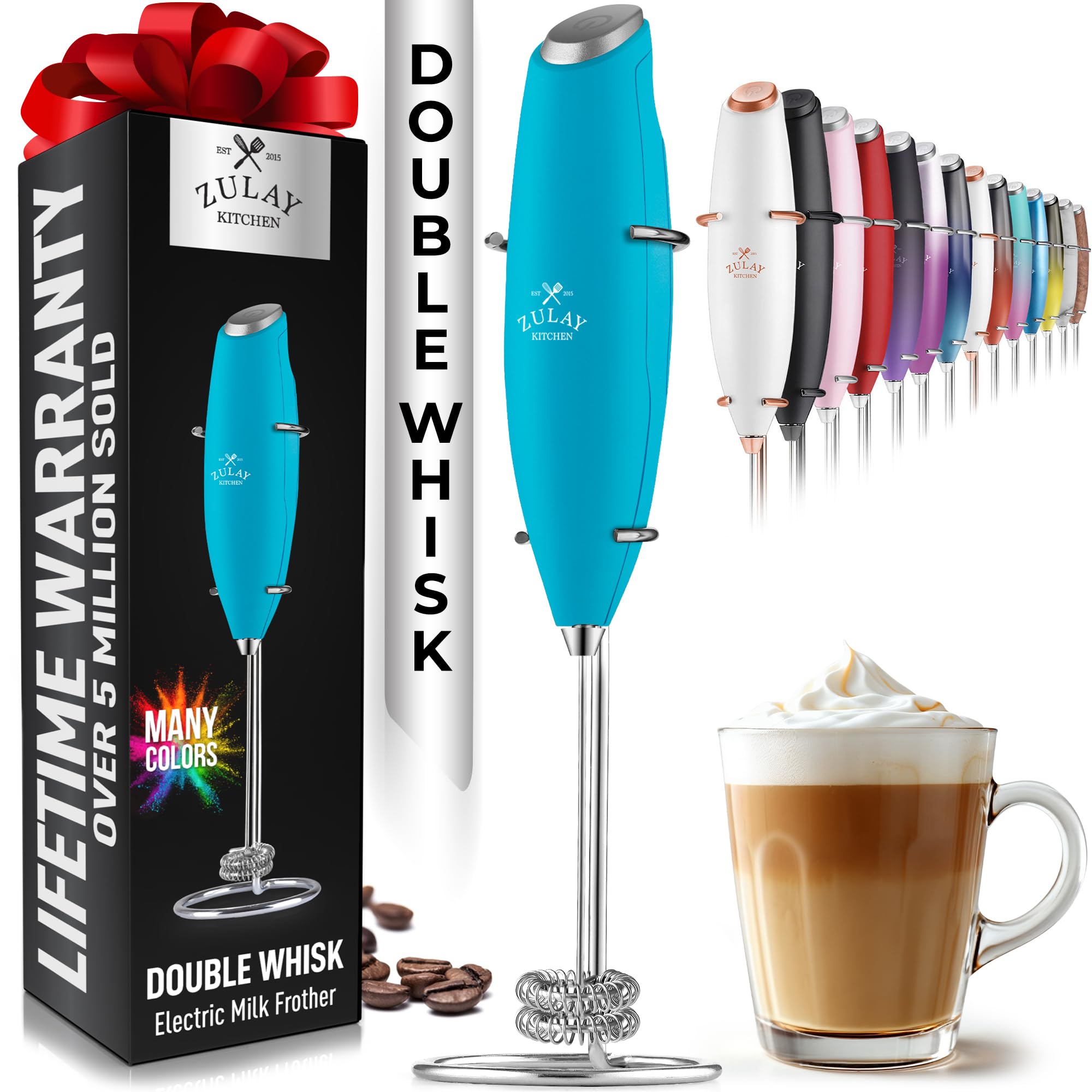 Zulay Kitchen Powerful Milk Frother AA Batteries Included – Ultra Fast Handheld Drink Mixer with Stainless Steel Whisk Stirrer for Coffee, Protein, Matcha & More, Frother Wand Electric Frothmate Black