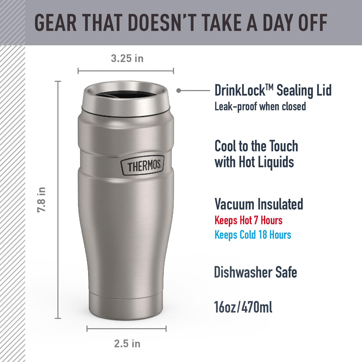 THERMOS Stainless King Vacuum-Insulated Travel Mug with Handle - 16oz, Midnight Blue - Thermos Tumbler for Hot & Cold Drinks - Leak & Sweat-Proof Stainless Steel Coffee Mug with Lid for Commuting