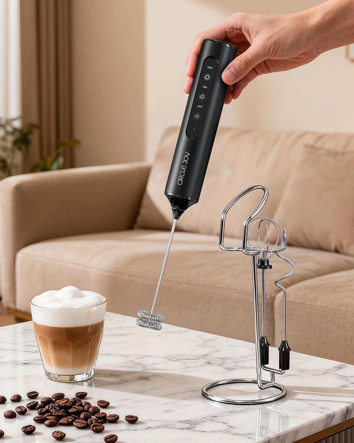 CIRCLE JOY Rechargeable Handheld Milk Frother Wand with 3 Variable Speeds, 3 Whisks and Storage Box, Electric Drink Mixer for Latte, Cappuccino, Hot Chocolate, Eggs and Protein Powder, Black