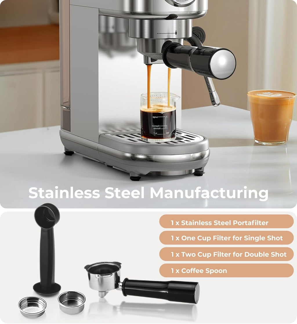 Espresso Machine with Milk Frother, 20 Bar Pressure Espresso Maker, with 44OZ Removable Tank, Compact Stainless Steel Coffee Machine for Home, Office, Latte, Cappuccino, Gift for Women or Men