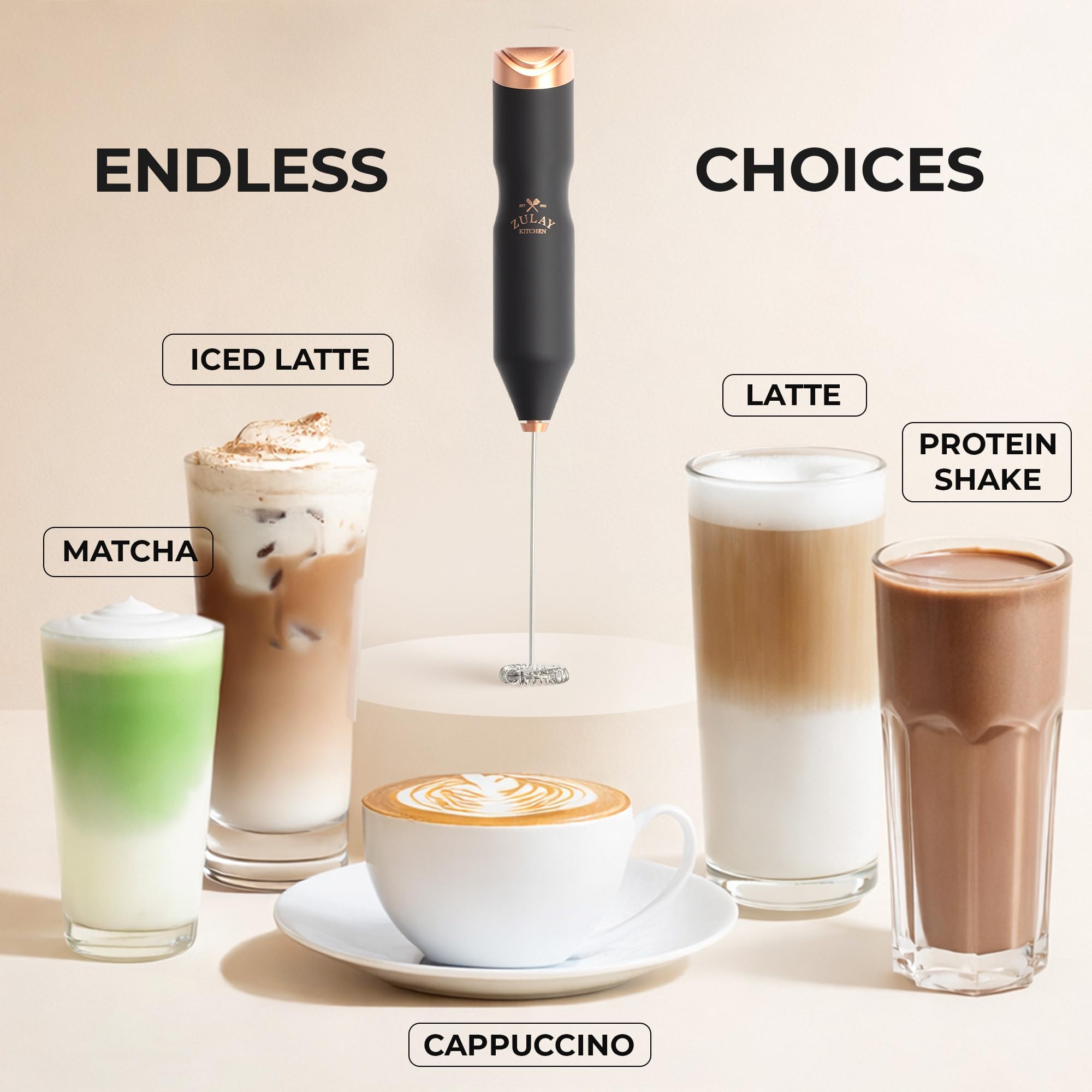 Zulay Kitchen Powerful Milk Frother AA Batteries Included – Ultra Fast Handheld Drink Mixer with Stainless Steel Whisk Stirrer for Coffee, Protein, Matcha & More, Frother Wand Electric Frothmate Black