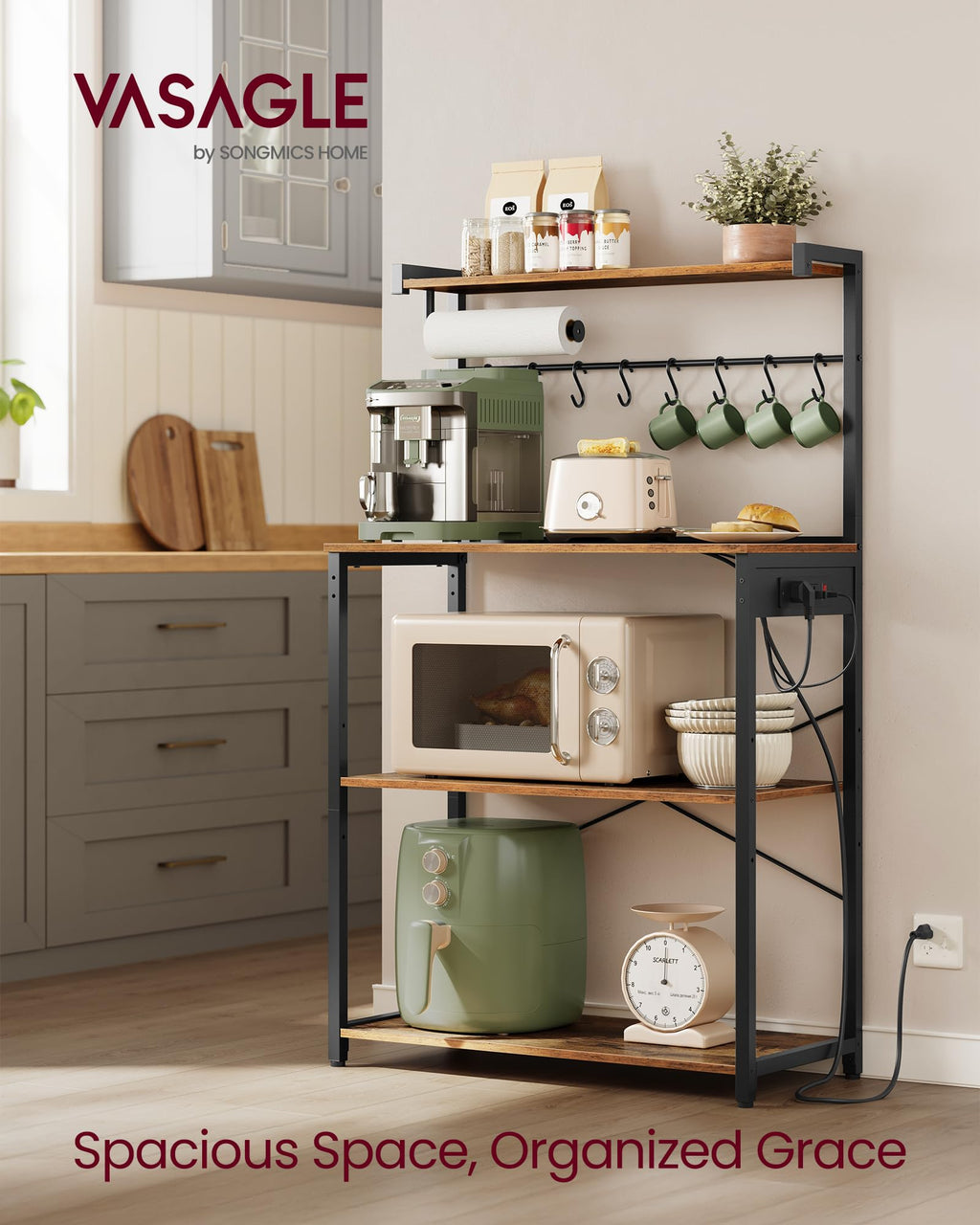 VASAGLE BARNET Collection - Kitchen Bakers Rack with Power Outlet, 31.5-Inch Wide Coffee Bar 4-Tier with 8 S Hooks, Modern Microwave Stand, Adjustable Shelf, Rustic Brown and Ink Black UKKS029KD01