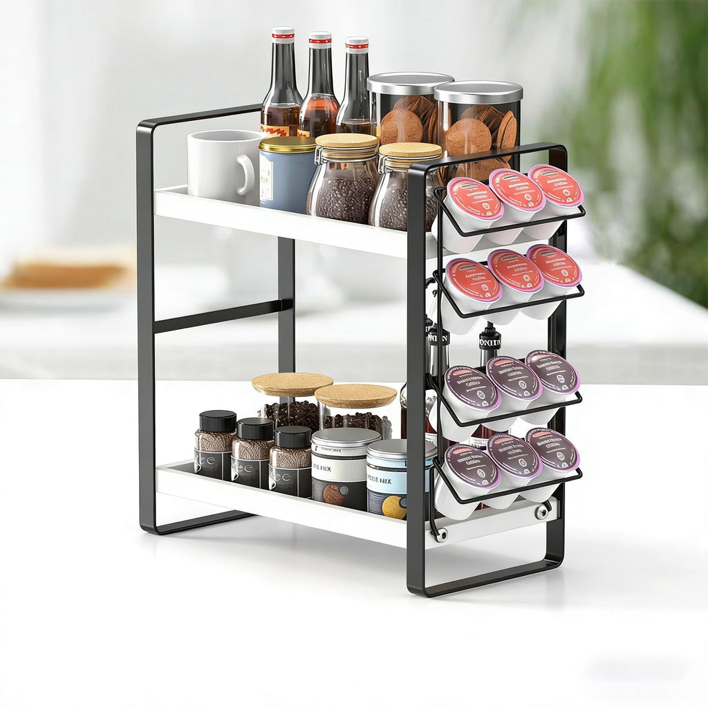 LEMIKKLE Coffee Station Organizer with Pod Holder and Drawer, Kitchen Countertop Organizer, Coffee Bar Accessories Station with Coffee Pod Storage, 2-Tier Wood Coffee Organizer With 6 Hooks
