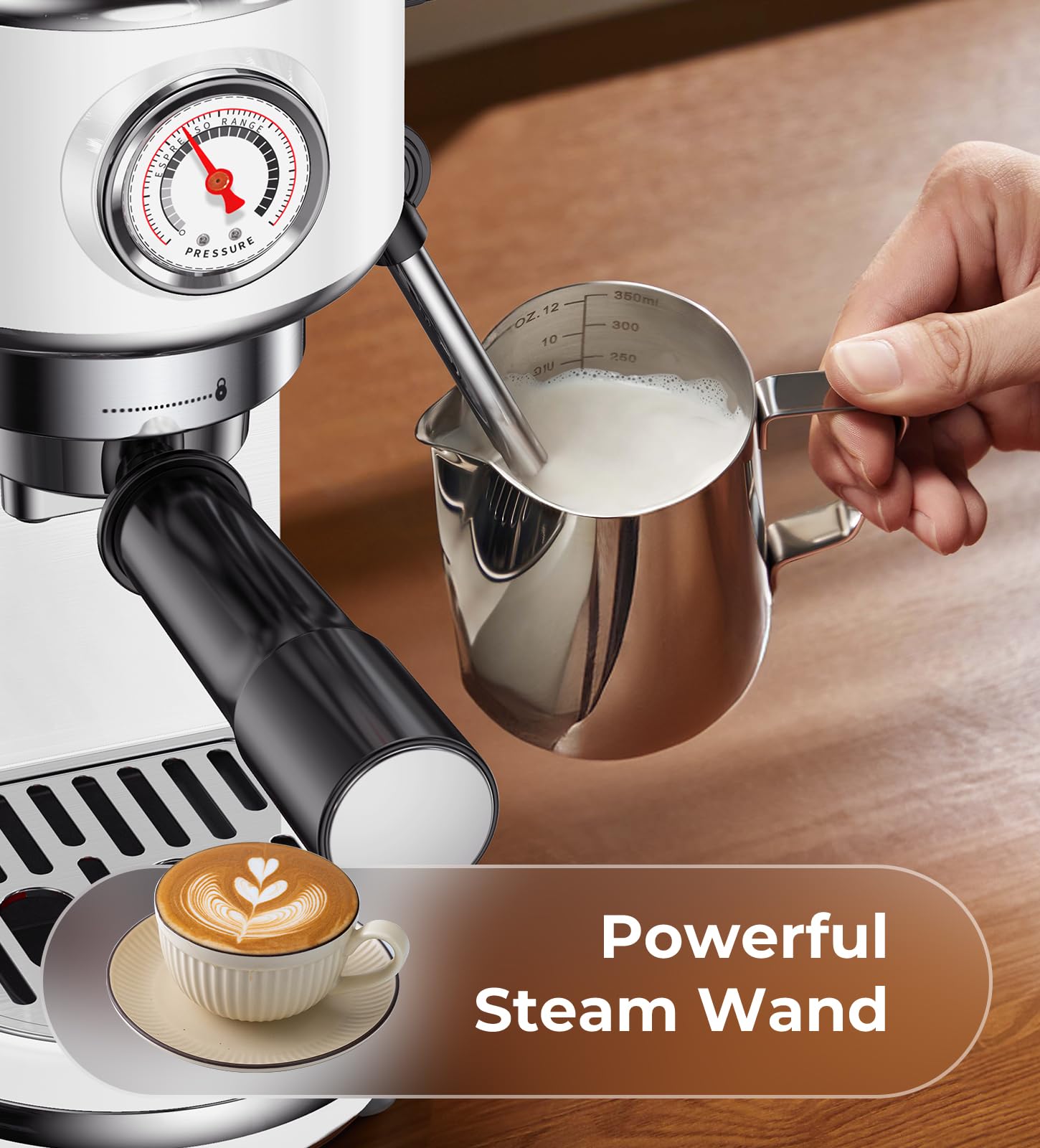 atatix Espresso Machine with Milk Frother, 20 Bar Pressure Espresso Maker, with 44OZ Removable Tank, Compact Stainless Steel Coffee Machine for Home, Office, Latte, Cappuccino, Macchiato, Silver