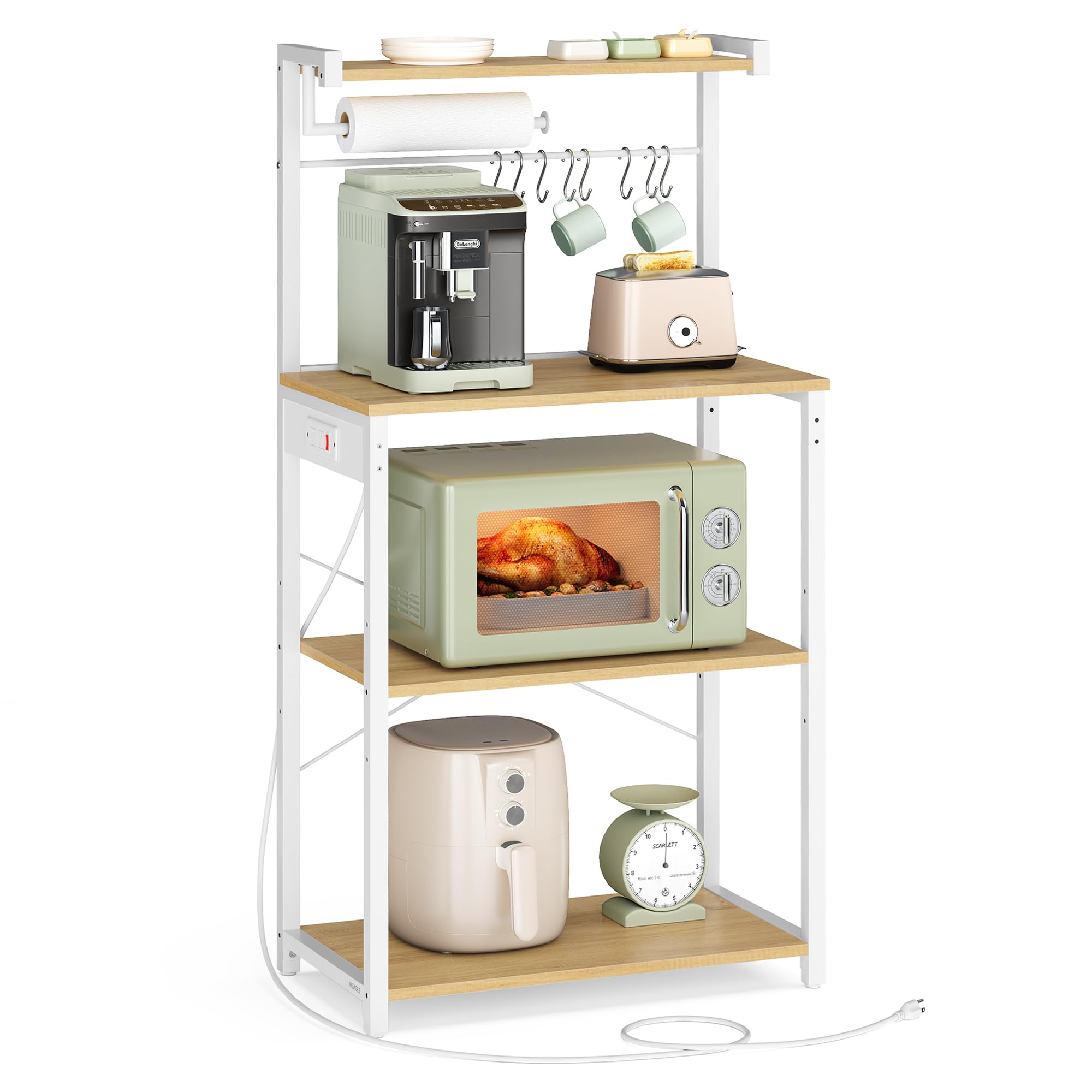 VASAGLE BARNET Collection - Kitchen Bakers Rack with Power Outlet, 31.5-Inch Wide Coffee Bar 4-Tier with 8 S Hooks, Modern Microwave Stand, Adjustable Shelf, Rustic Brown and Ink Black UKKS029KD01