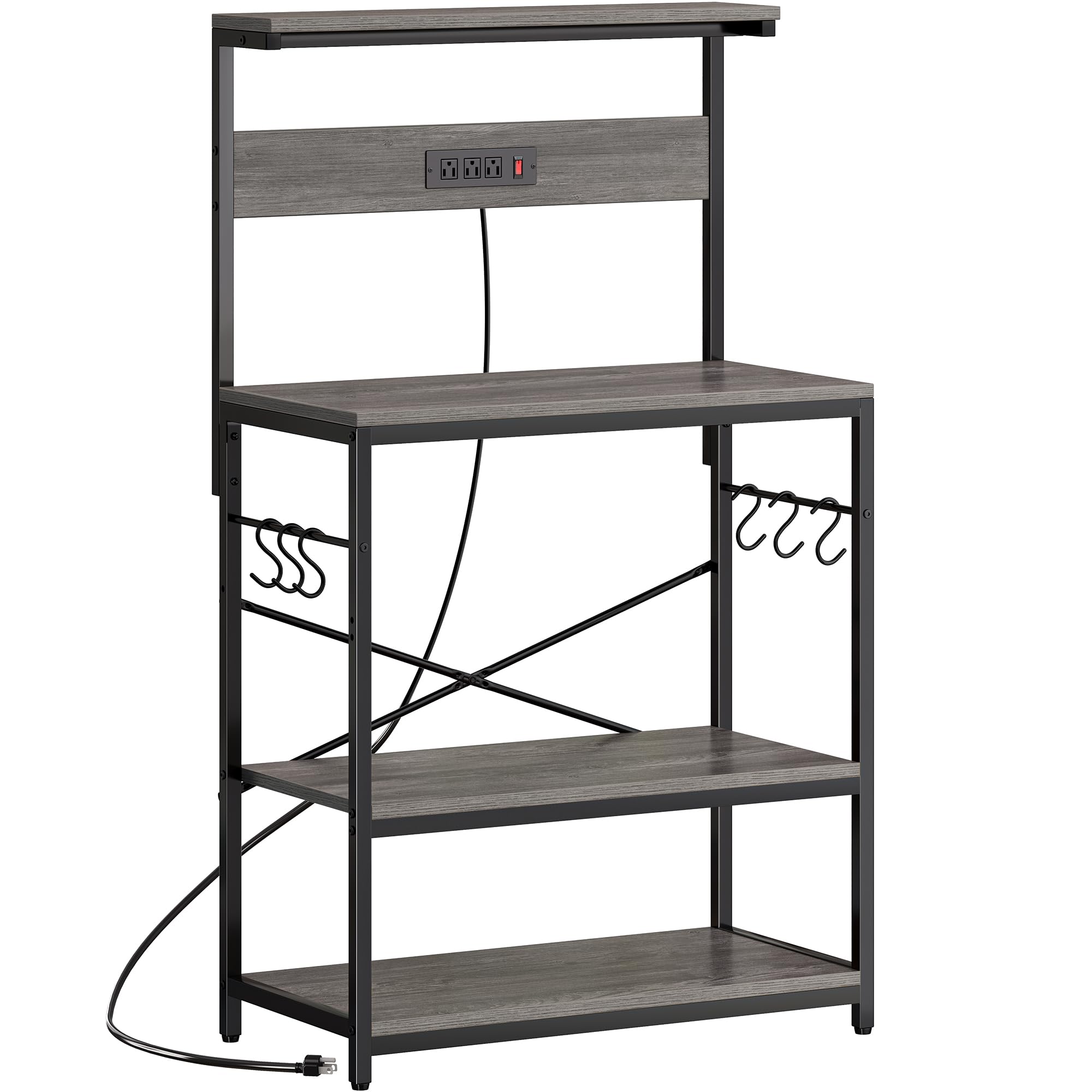 SUPERJARE Kitchen Bakers Rack with Power Outlet, Coffee Bar Table 4 Tiers, Kitchen Microwave Stand with 6 S-shaped Hooks, Storage Shelf Rack for Spices, Pots and Pans - Rustic Brown