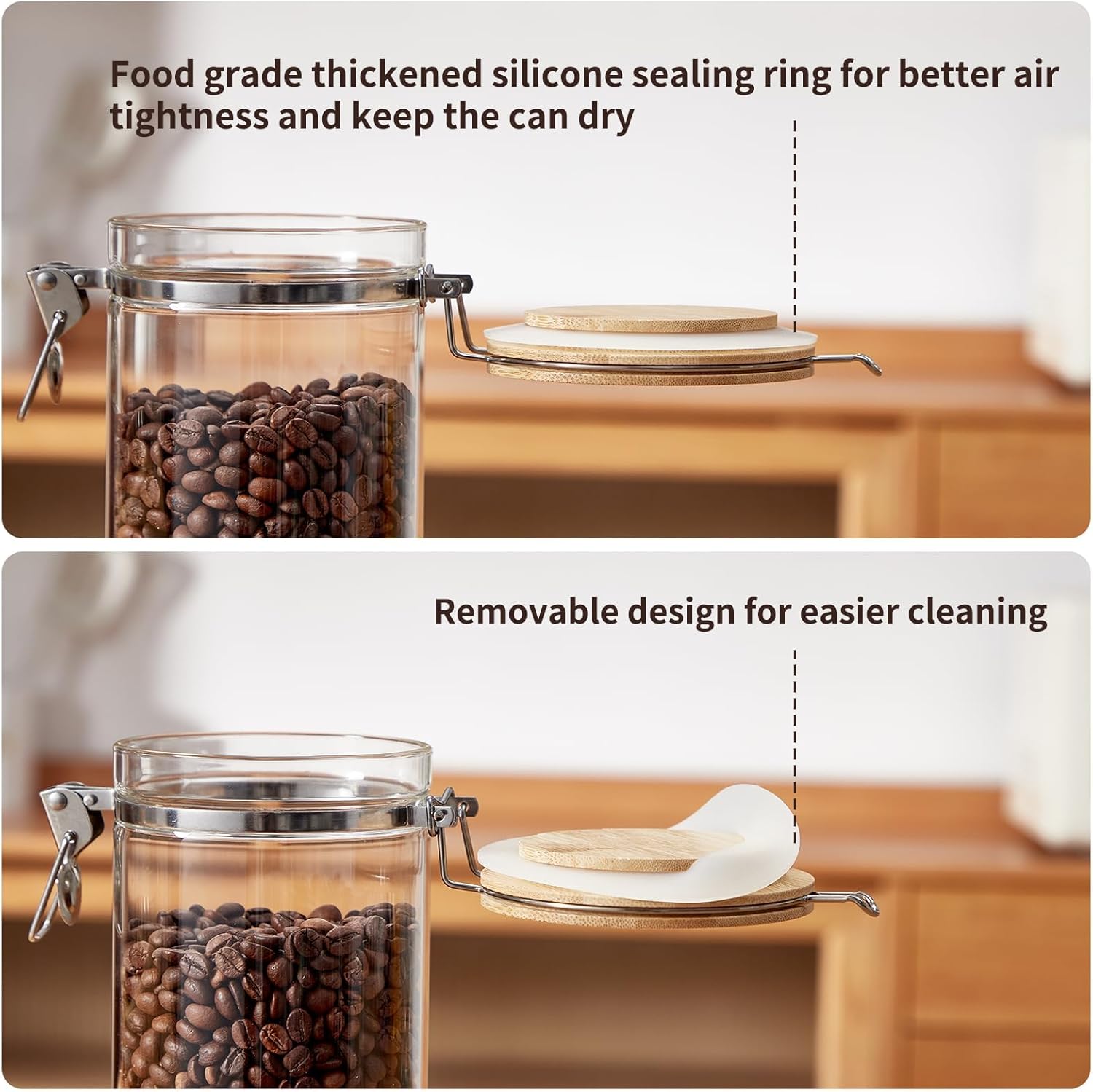 Coffee Canister Set with Shelf, 2 x 50oz Coffee Bean Canister Storage Station Organizer with Airtight Lid for Kitchen, Food Storage with Scoop for Ground, Sugar, Cereal and Tea