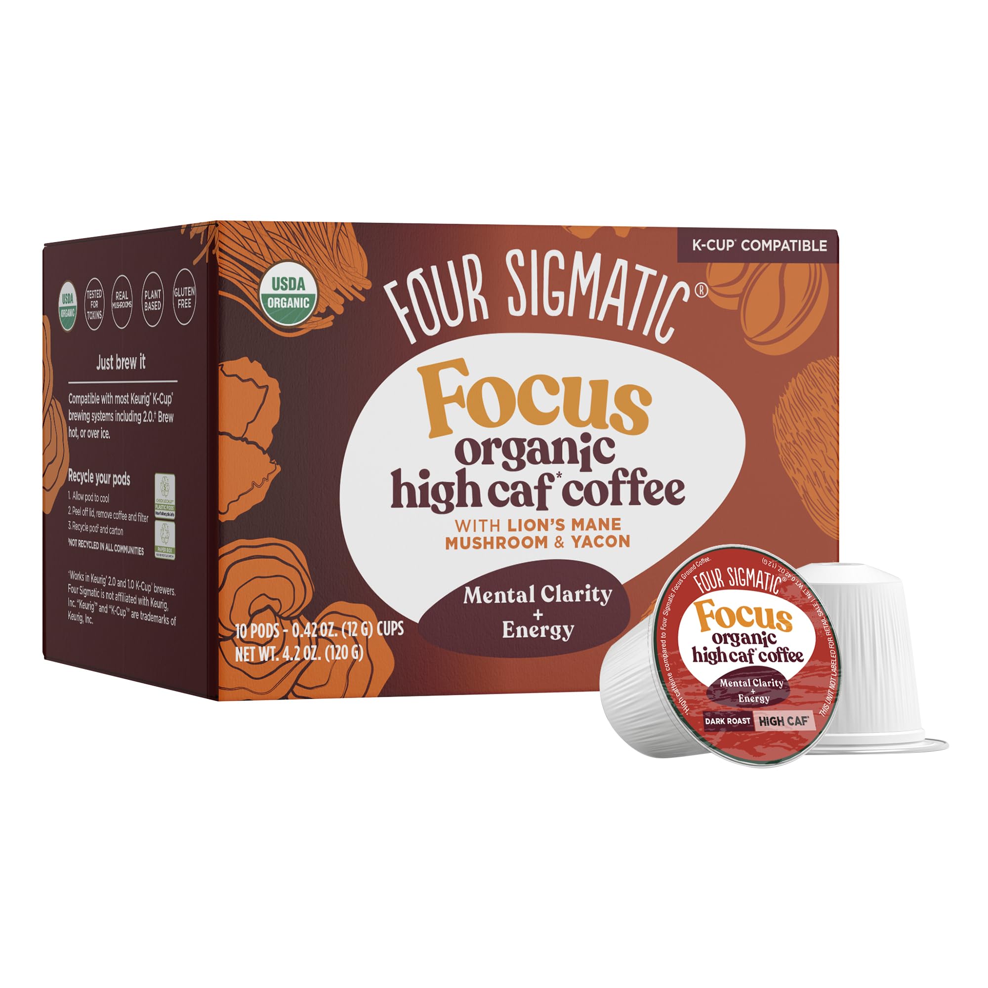 Four Sigmatic Mushroom Coffee K-Cups | Organic Dark Roast Coffee with Lion’s Mane Mushroom Powder & Yacon | Focus & Immune Support | Vegan & Keto | Sustainable Pods | 24 Count