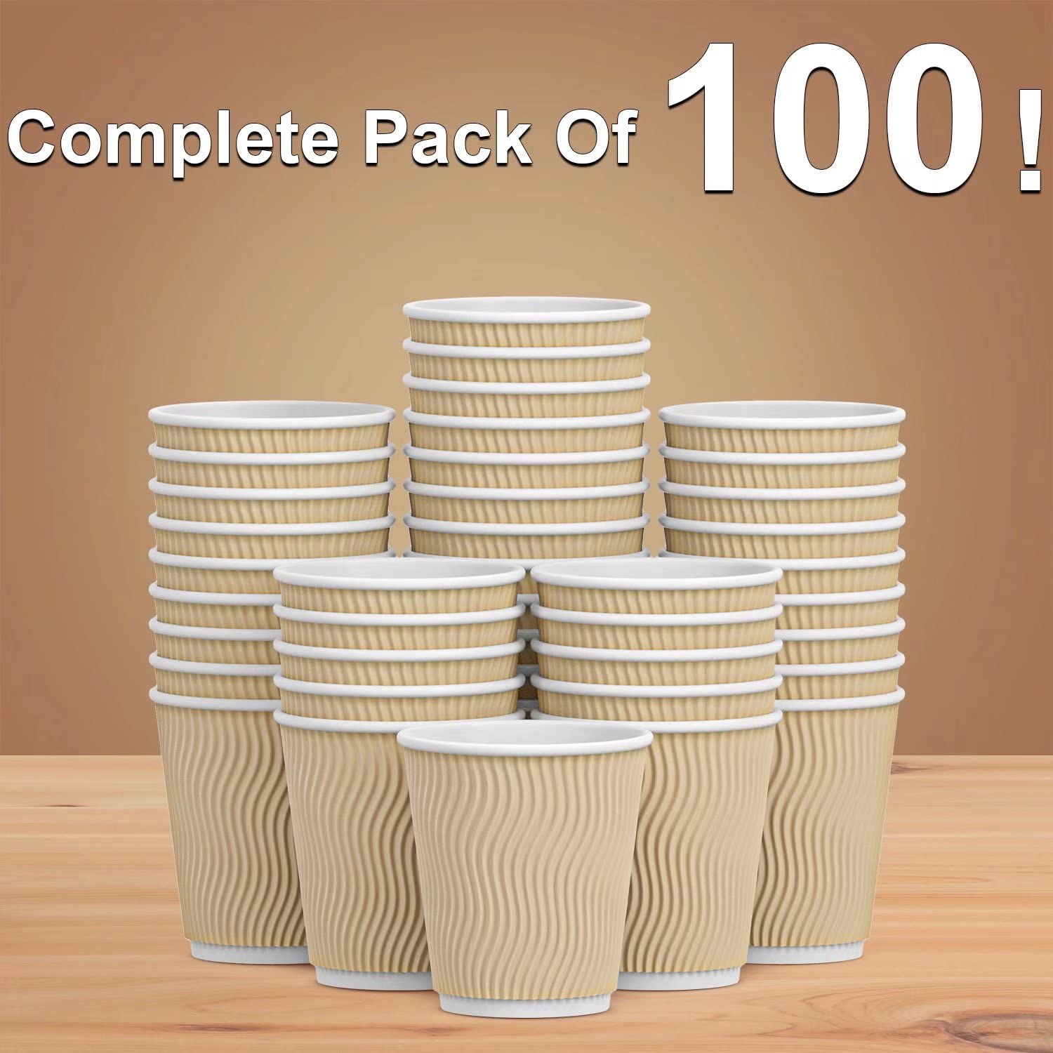 Hot Paper Cups_12 oz Disposable Insulated Corrugated Sleeve Ripple Wall Paper Cup 100 pcs,12oz Cups for Drink，Hot Coffee Cups (Brown)
