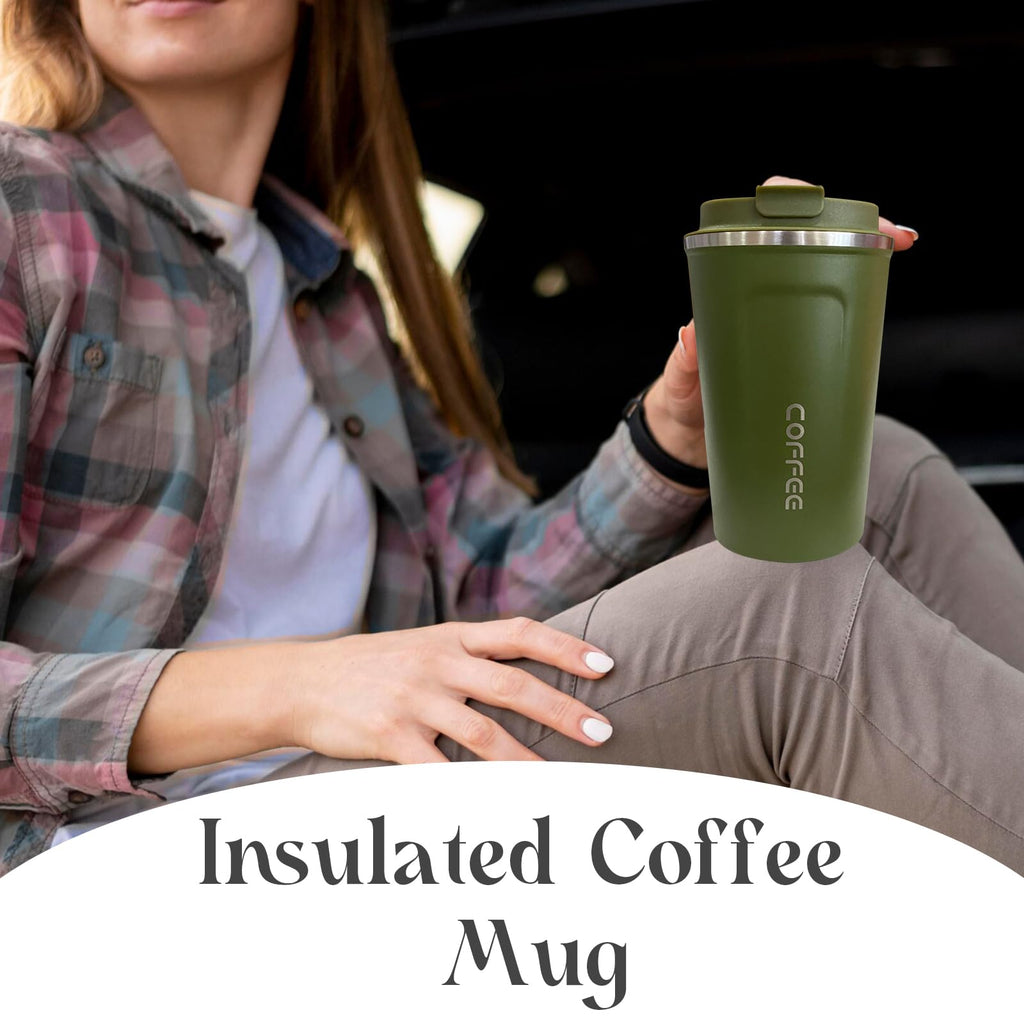 YINBAOGE Insulated Travel Coffee Mug, Spill & Leak Proof, Portable To Go Camping Stainless Steel Coffee Tumbler, Reusable Thermal Coffee Cup with Lid for Hot & Cold Drinks (Black, 12 OZ)