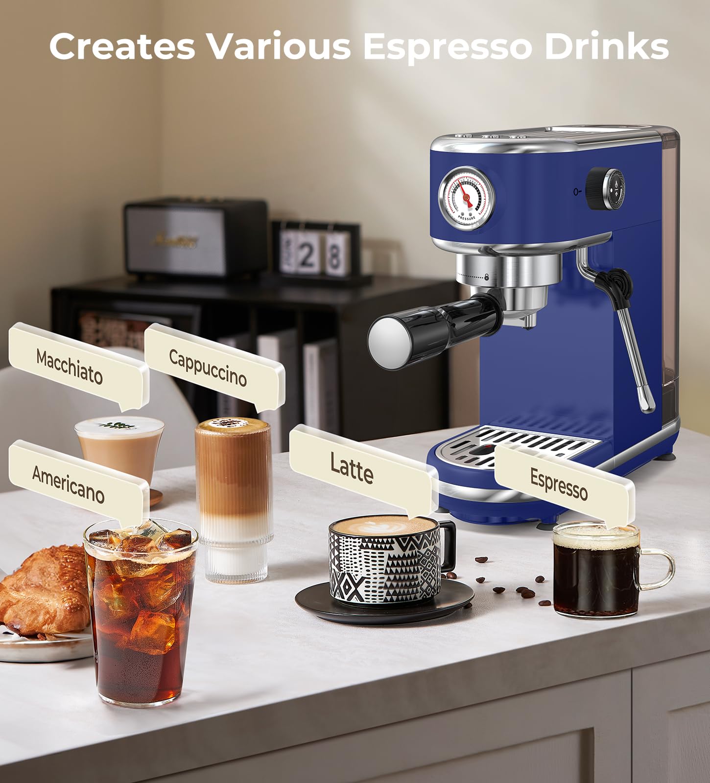 atatix Espresso Machine with Milk Frother, 20 Bar Pressure Espresso Maker, with 44OZ Removable Tank, Compact Stainless Steel Coffee Machine for Home, Office, Latte, Cappuccino, Macchiato, Silver
