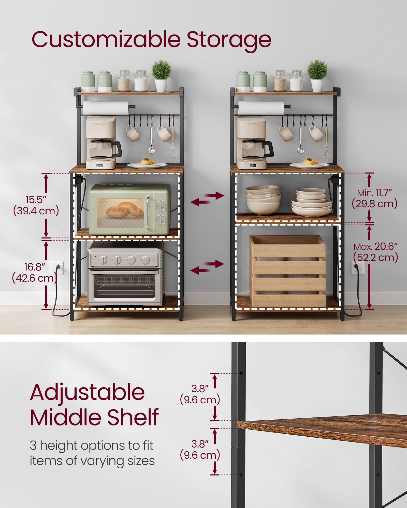 VASAGLE BARNET Collection - Kitchen Bakers Rack with Power Outlet, 31.5-Inch Wide Coffee Bar 4-Tier with 8 S Hooks, Modern Microwave Stand, Adjustable Shelf, Rustic Brown and Ink Black UKKS029KD01