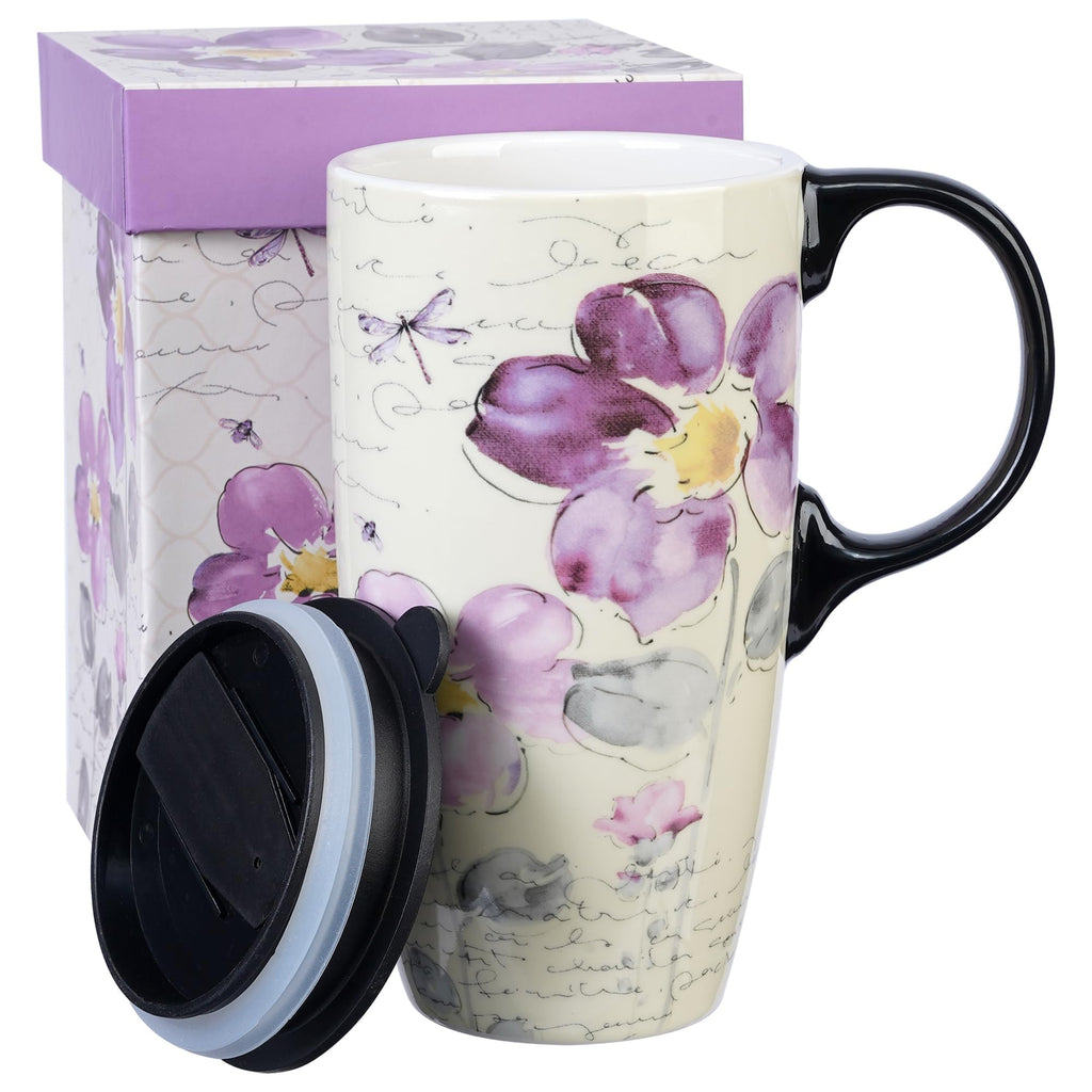 Topadorn 17oz Ceramic Travel Mug with Lid, Tall Ceramic Coffee Mug with Handle, Purple Floral Coffee Cup with Gift Box