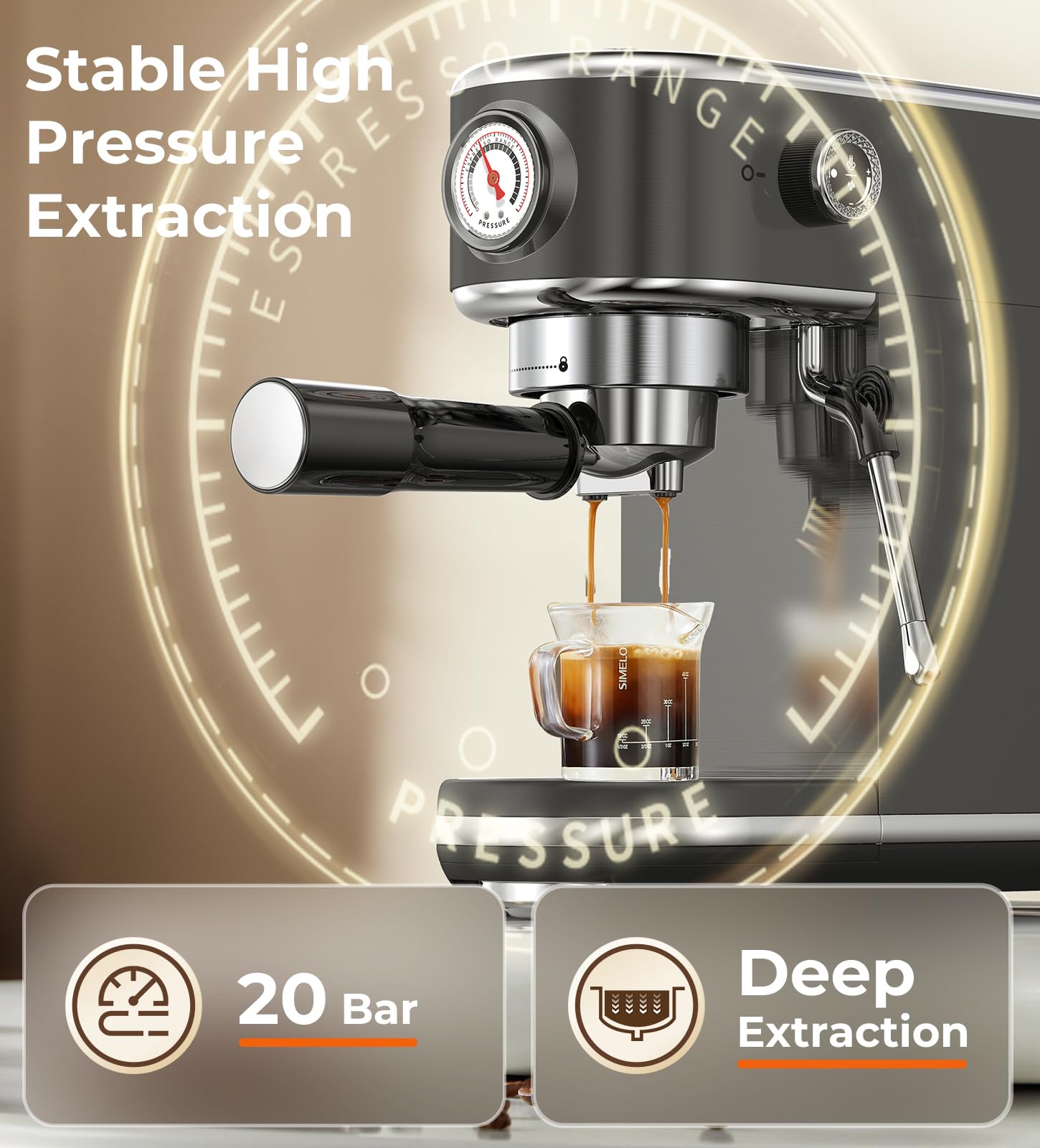 atatix Espresso Machine with Milk Frother, 20 Bar Pressure Espresso Maker, with 44OZ Removable Tank, Compact Stainless Steel Coffee Machine for Home, Office, Latte, Cappuccino, Macchiato, Silver