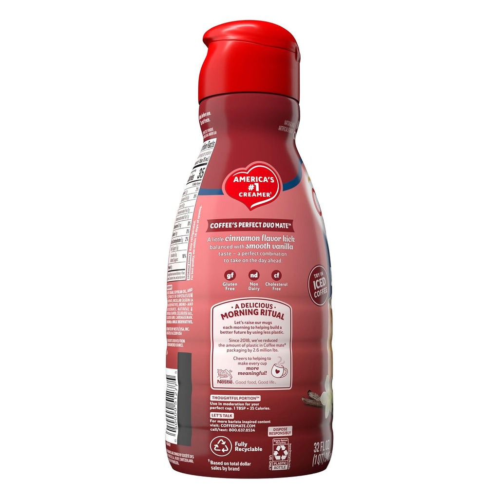 Coffee mate Cinnamon Vanilla Crème Flavored Coffee Creamer, Non-Dairy, Gluten-Free, Liquid Creamer for Coffee, Cholesterol Free, 63 Servings