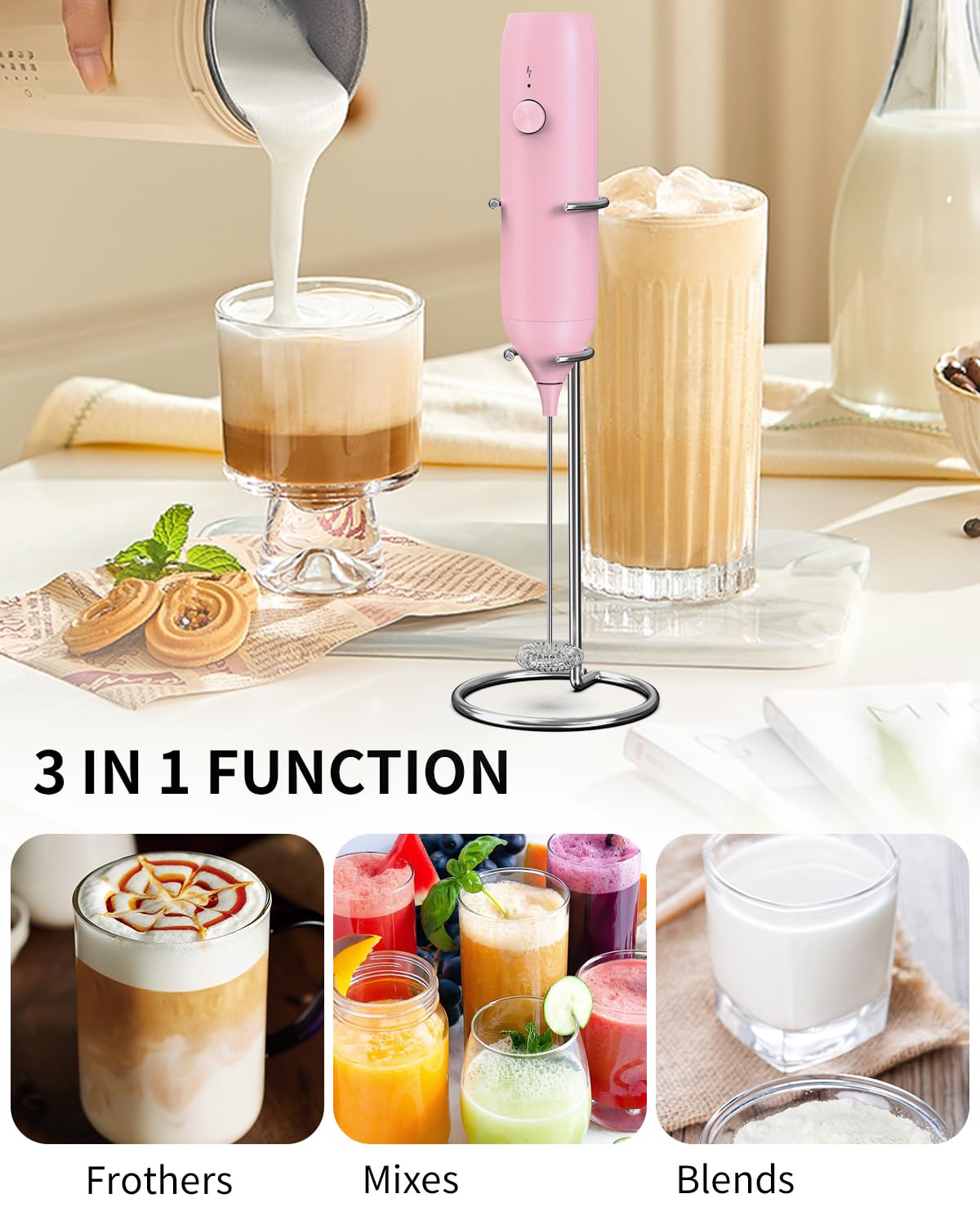 CIRCLE JOY Rechargeable Milk Frother Hanheld, Dual Coil Whisk Head Electric Coffee Frother, Portable Hand Frother Wand Drink Mixer for Matcha Lattes Cappuccino, Kitchen Gifts, Black