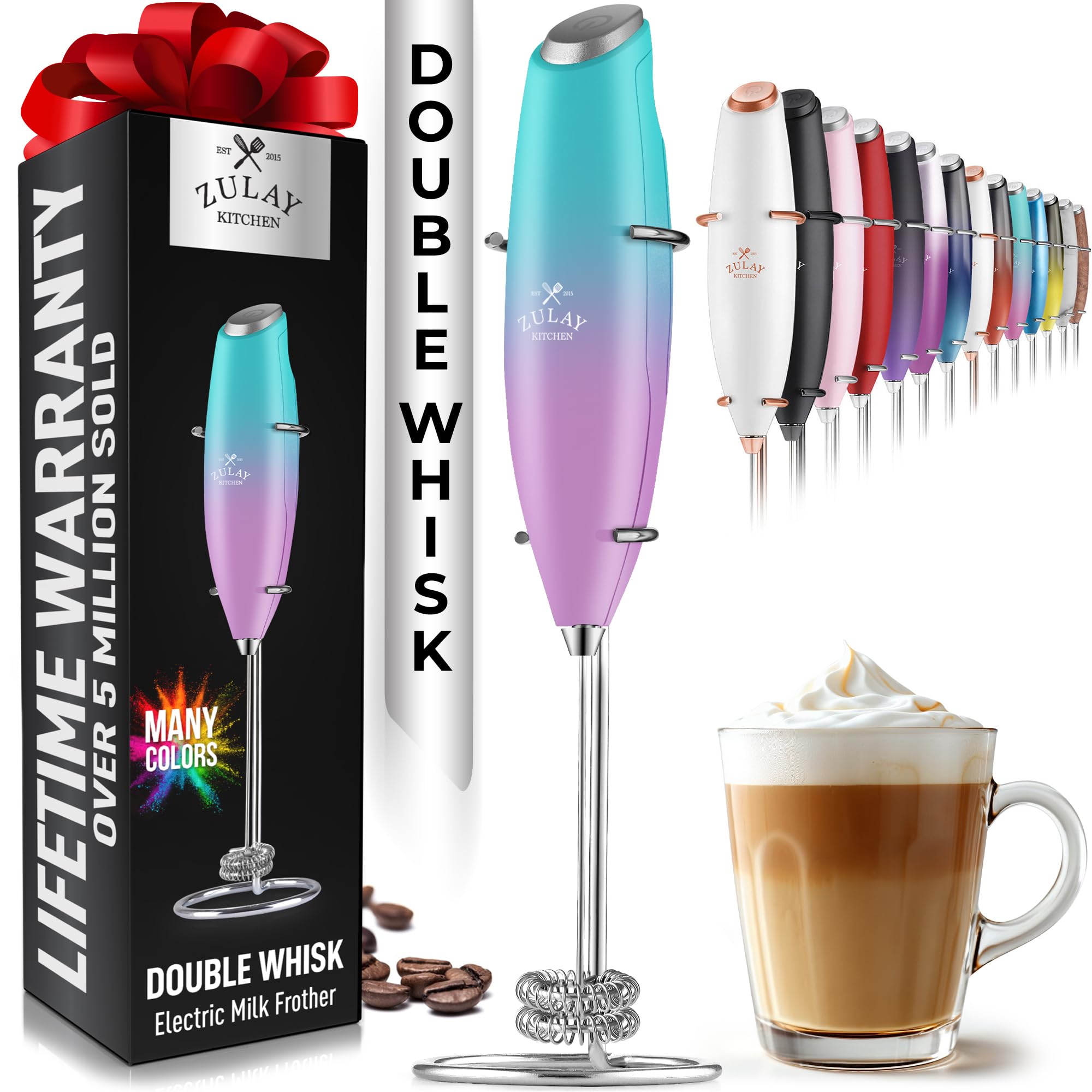 Zulay Kitchen Powerful Milk Frother AA Batteries Included – Ultra Fast Handheld Drink Mixer with Stainless Steel Whisk Stirrer for Coffee, Protein, Matcha & More, Frother Wand Electric Frothmate Black