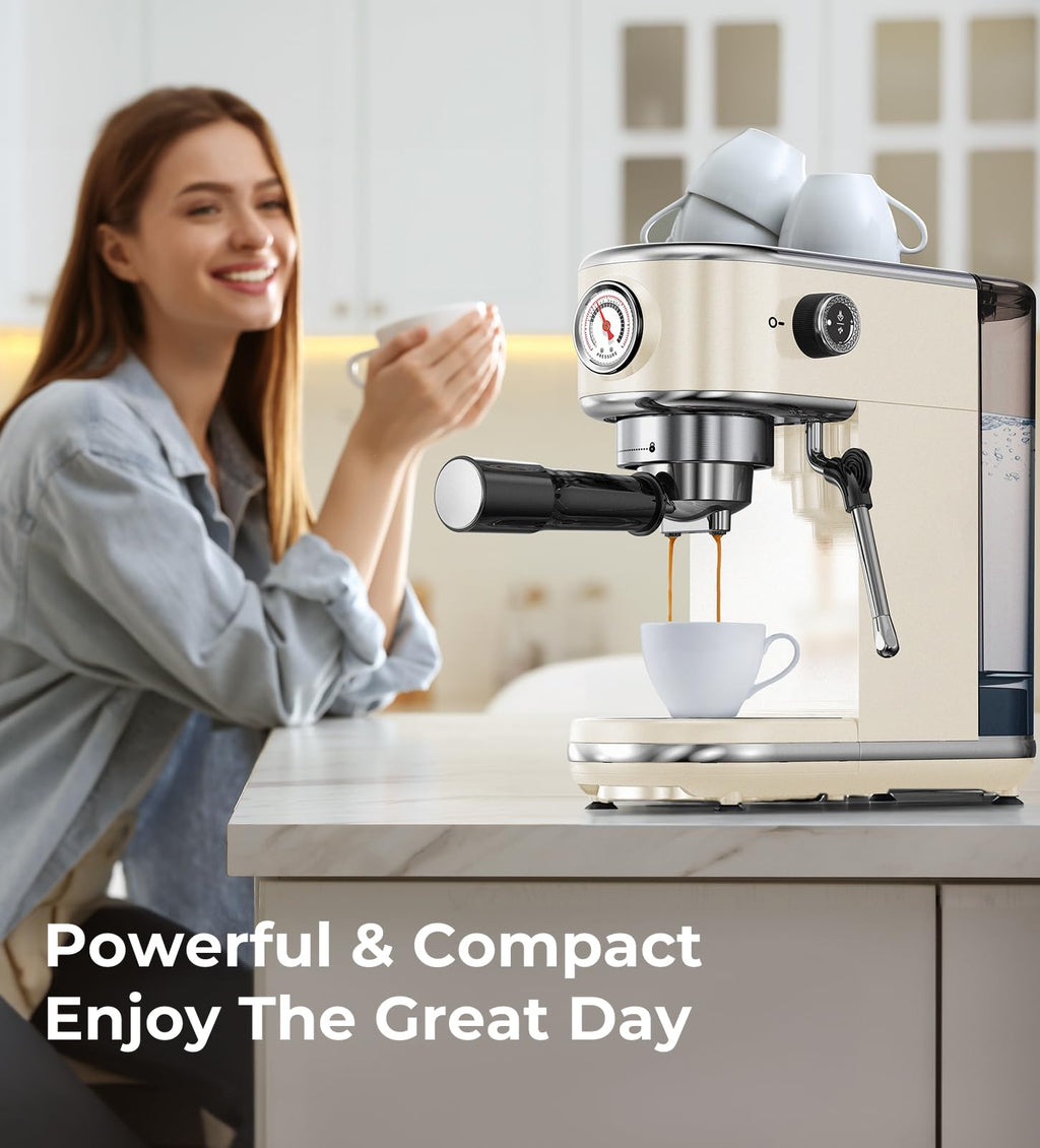 atatix Espresso Machine with Milk Frother, 20 Bar Pressure Espresso Maker, with 44OZ Removable Tank, Compact Stainless Steel Coffee Machine for Home, Office, Latte, Cappuccino, Macchiato, Silver