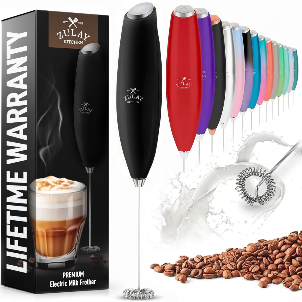 Zulay Kitchen Rechargeable Milk Frother Handheld - Frother Wand, Drink Mixer, Electric Whisk Frother, for Cappuccinos, Matcha & Protein Powder - Lux 4 Whisk 2 Speed Waterproof 2000mAh Alpha Black