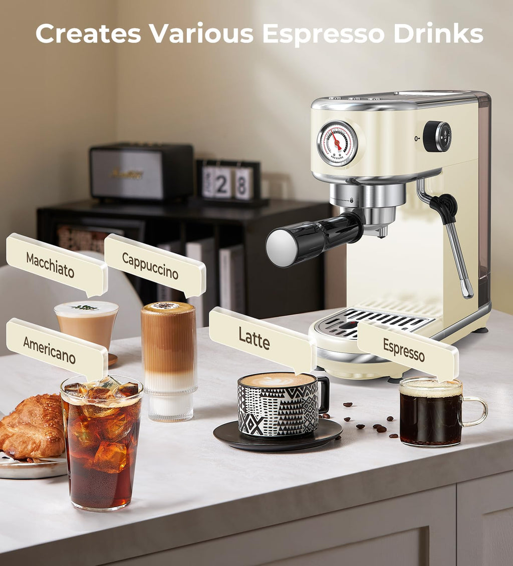 atatix Espresso Machine with Milk Frother, 20 Bar Pressure Espresso Maker, with 44OZ Removable Tank, Compact Stainless Steel Coffee Machine for Home, Office, Latte, Cappuccino, Macchiato, Silver