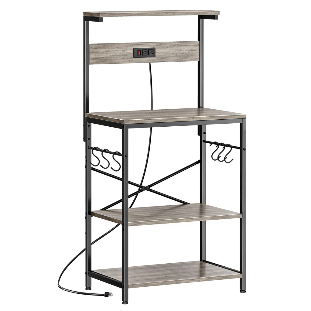 SUPERJARE Kitchen Bakers Rack with Power Outlet, Coffee Bar Table 4 Tiers, Kitchen Microwave Stand with 6 S-shaped Hooks, Storage Shelf Rack for Spices, Pots and Pans - Rustic Brown